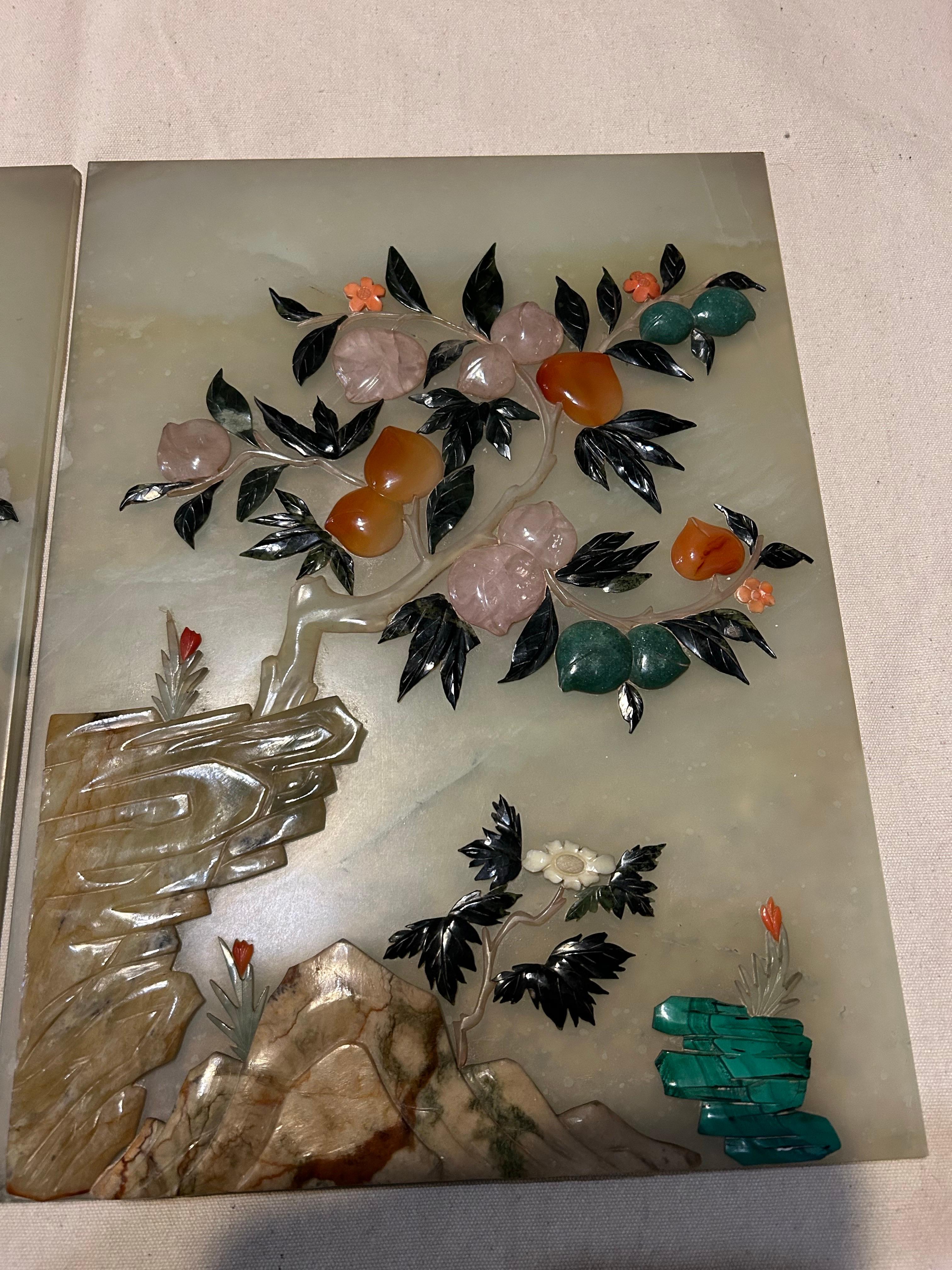 Pair Of Antique Chinese Finely Carved Jade Scholar Screens With Fine Floral Work For Sale 5