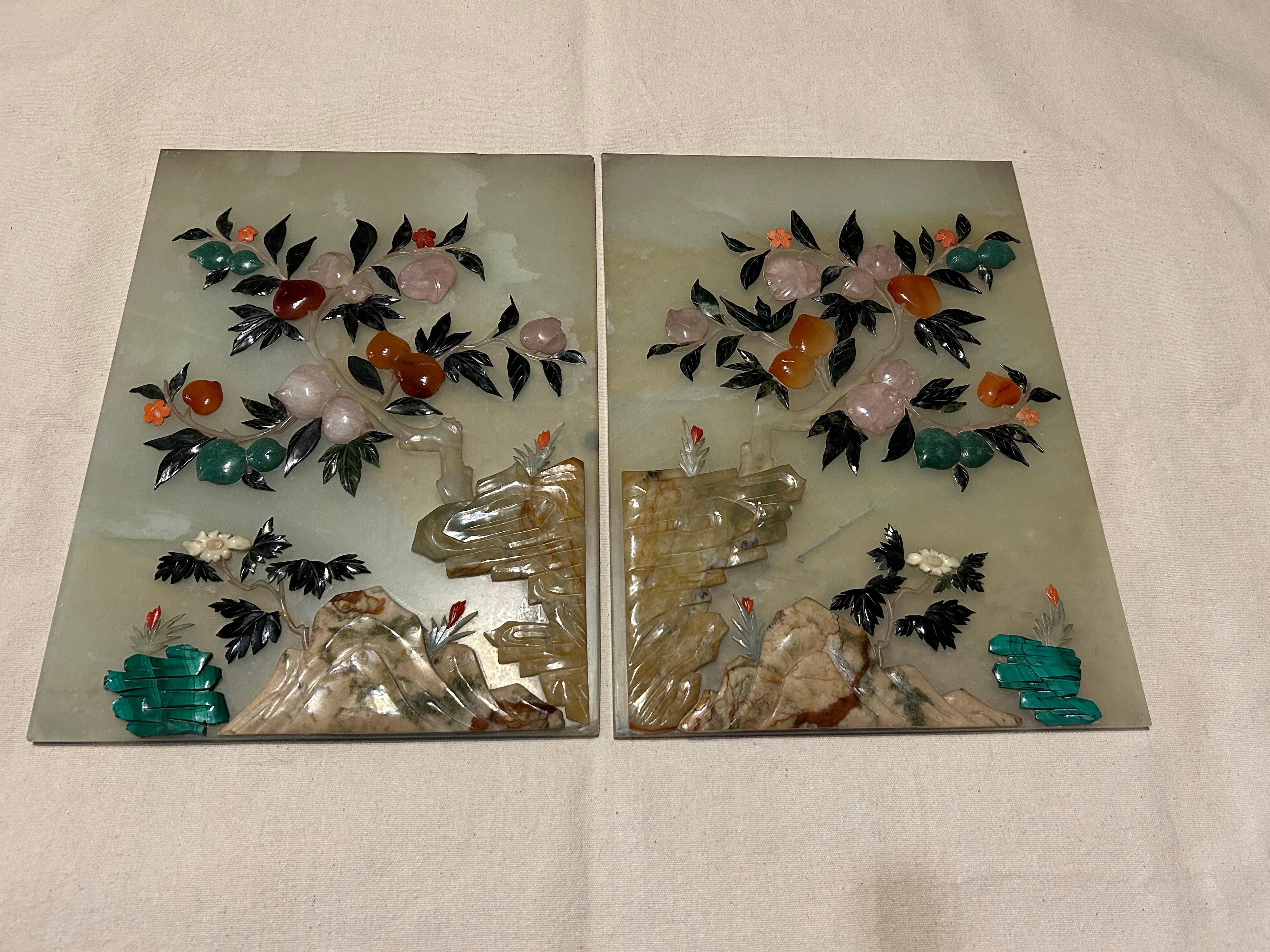 Exquisitely hand carved early Republic period Chinese pair of Scholar's screens. Beautiful variety of finely carved plaques displaying blossoming fruit set against a mottled background. Excellent old World workmanship with refined hues and pattern.