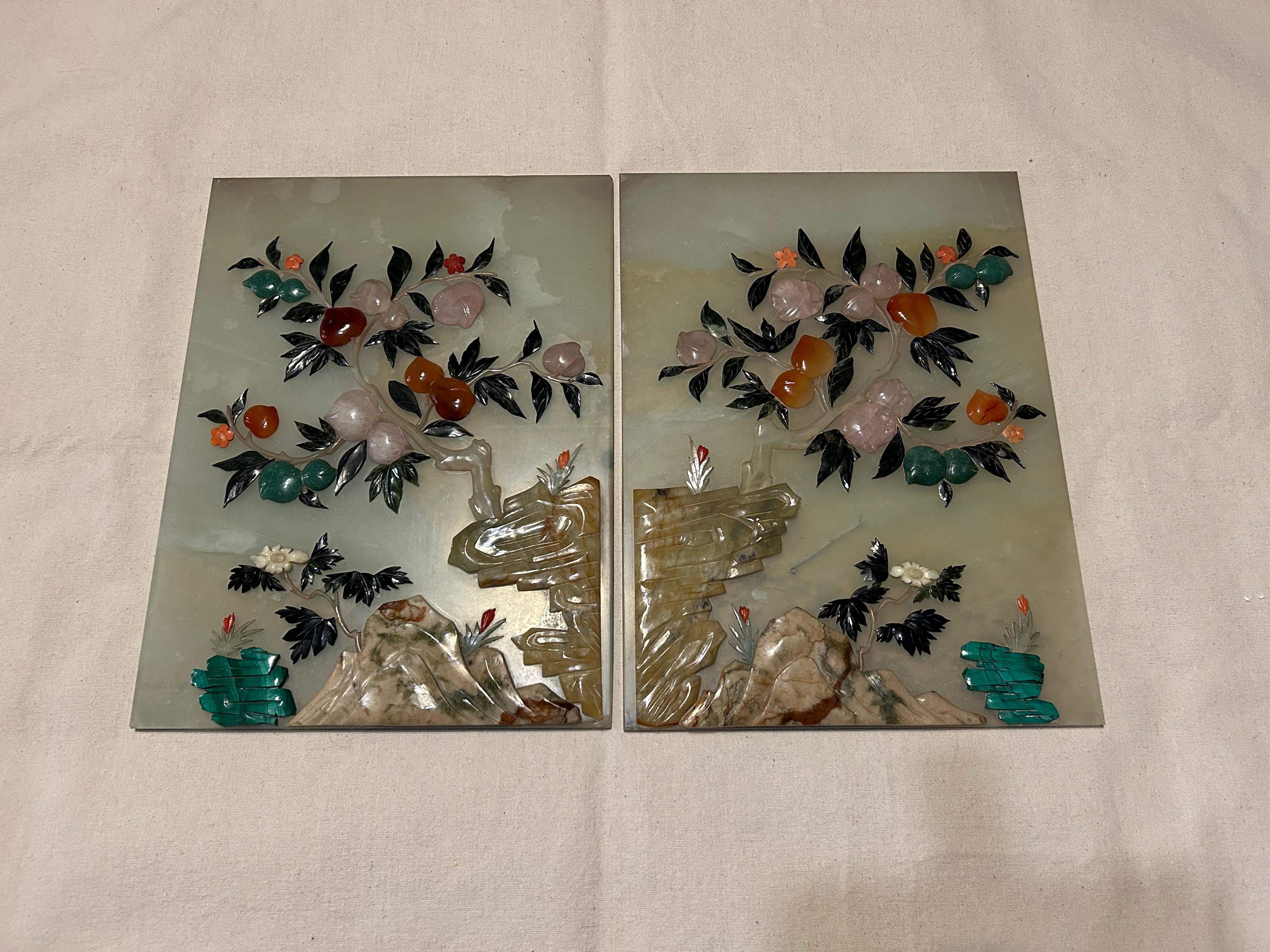 Hand-Carved Pair Of Antique Chinese Finely Carved Jade Scholar Screens With Fine Floral Work For Sale
