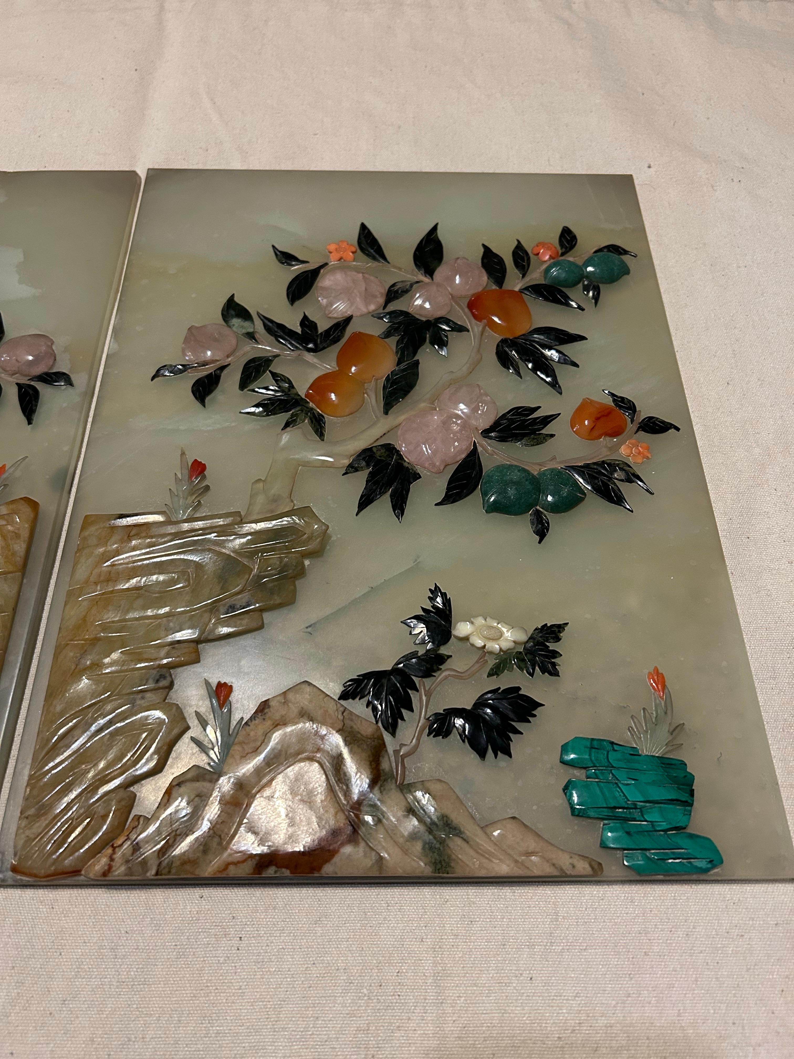 Early 20th Century Pair Of Antique Chinese Finely Carved Jade Scholar Screens With Fine Floral Work For Sale