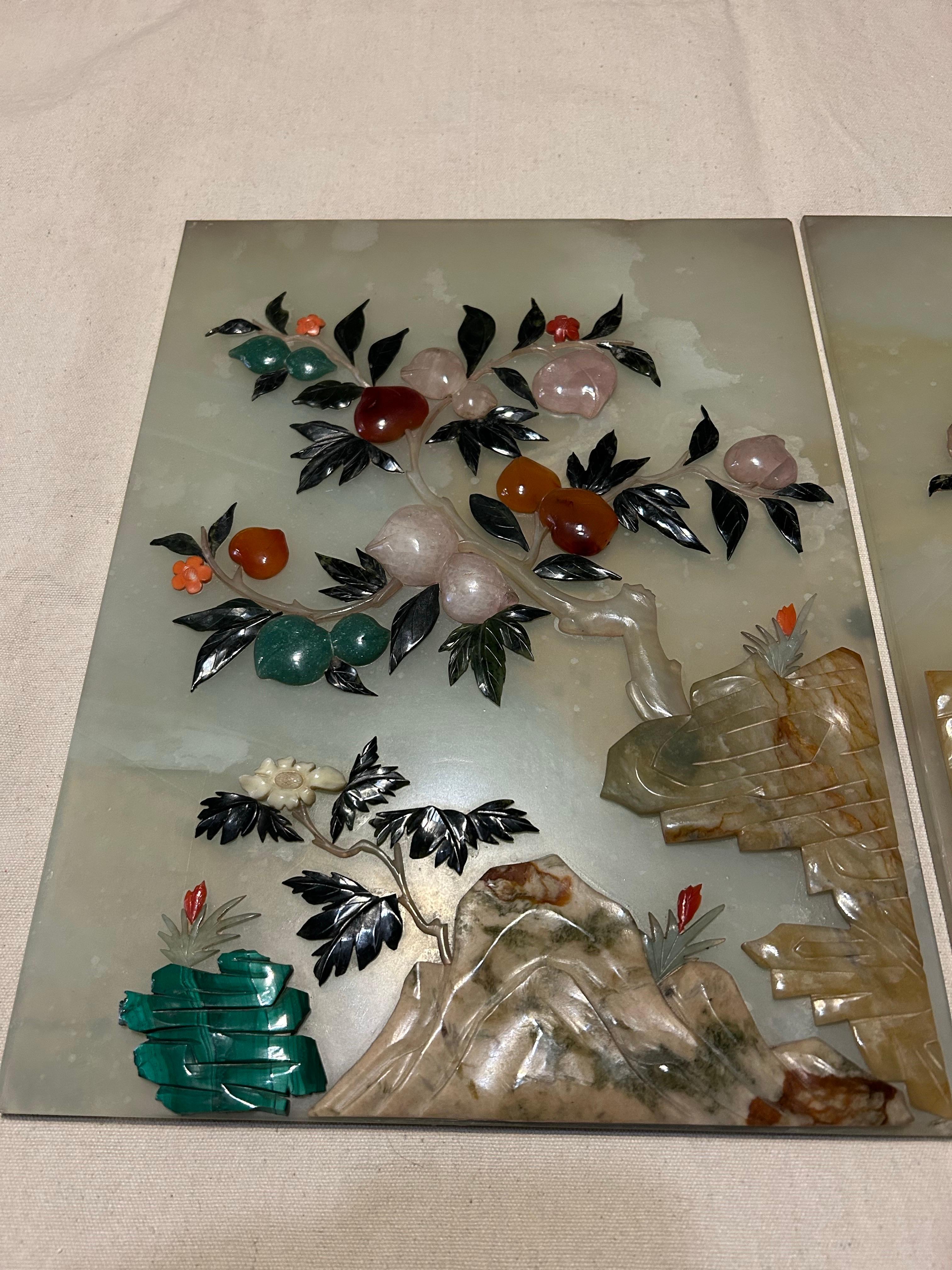 Pair Of Antique Chinese Finely Carved Jade Scholar Screens With Fine Floral Work For Sale 2