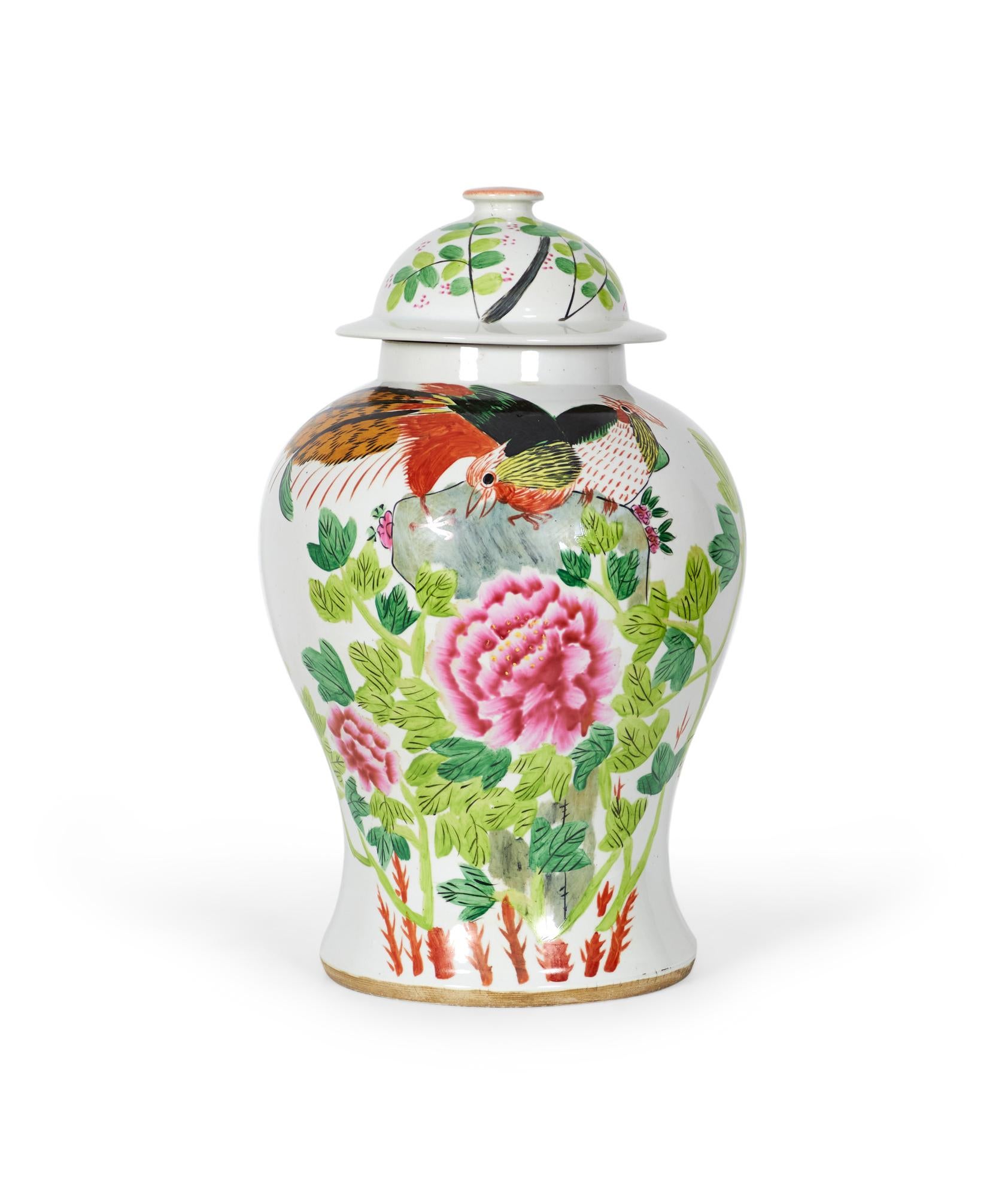 PAIR of Antique Chinese (late 19th-early 20th Century) porcelain lidded ginger jars with a pattern featuring sprawling tree branches and foliage in greens, oranges, and browns,  and perching brown birds against a white backgrounds, with character in