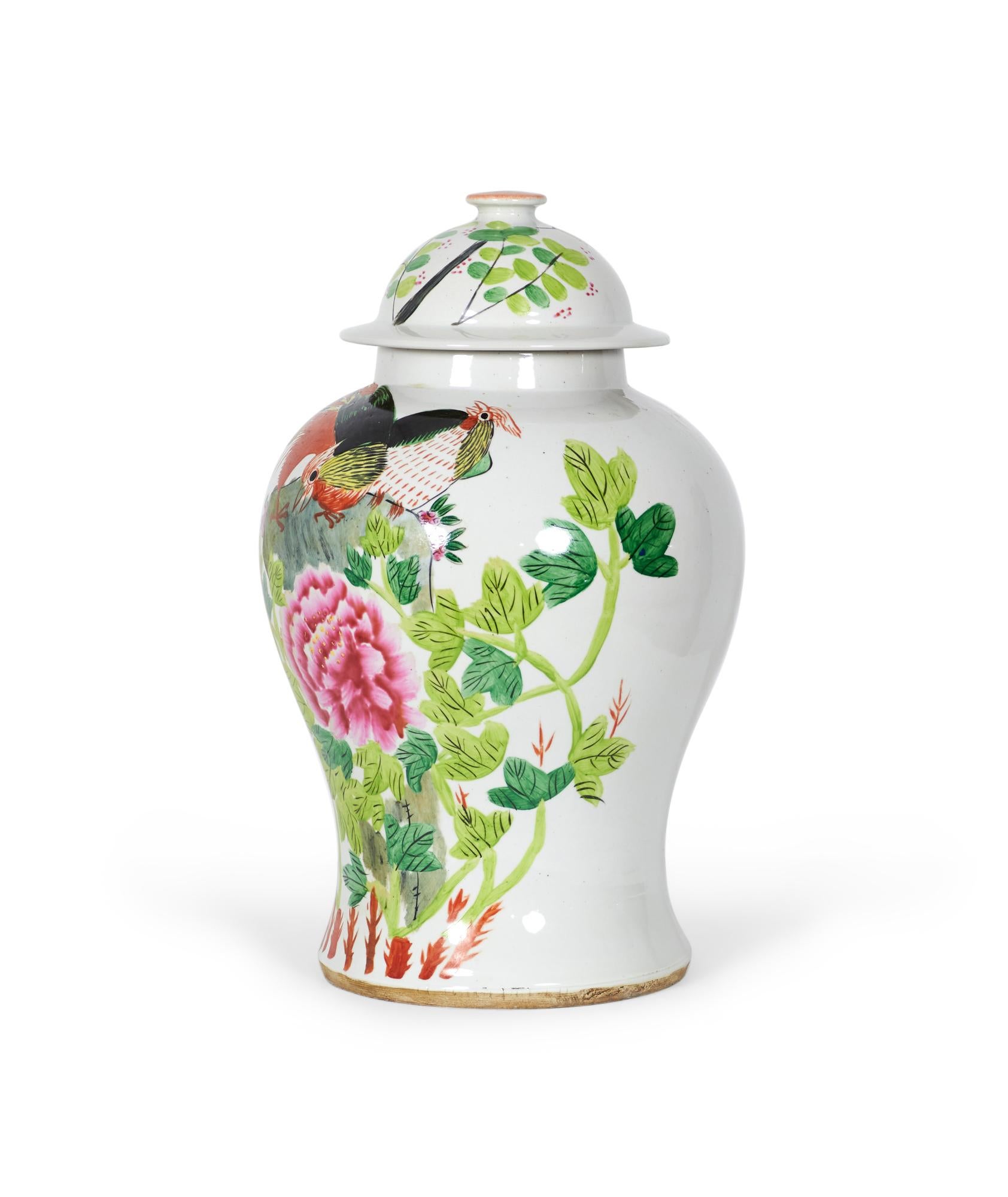 Chinese Export Pair of Antique Chinese Floral and Bird Patterned Porcelain Lidded Ginger Jars For Sale