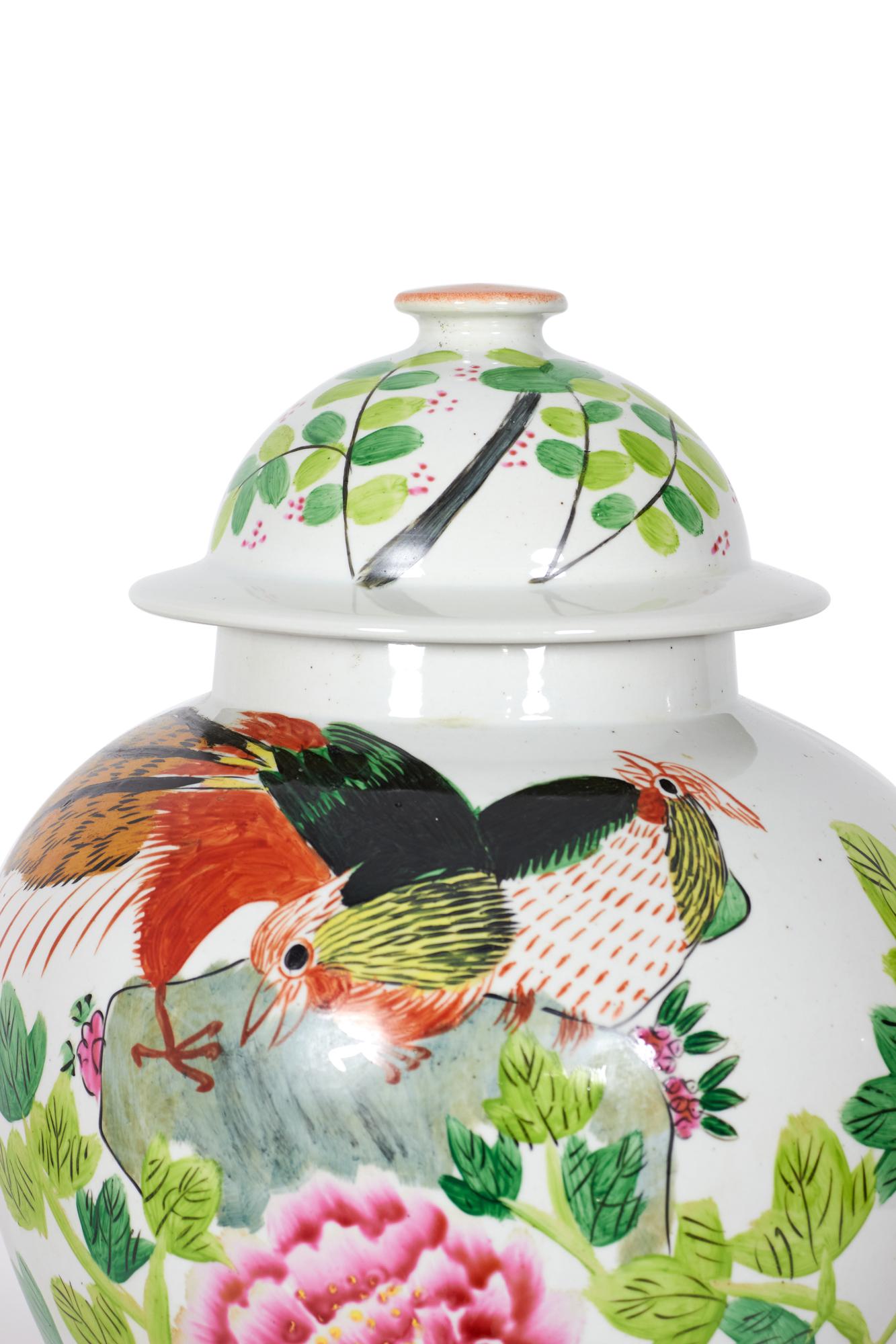 Pair of Antique Chinese Floral and Bird Patterned Porcelain Lidded Ginger Jars For Sale 1