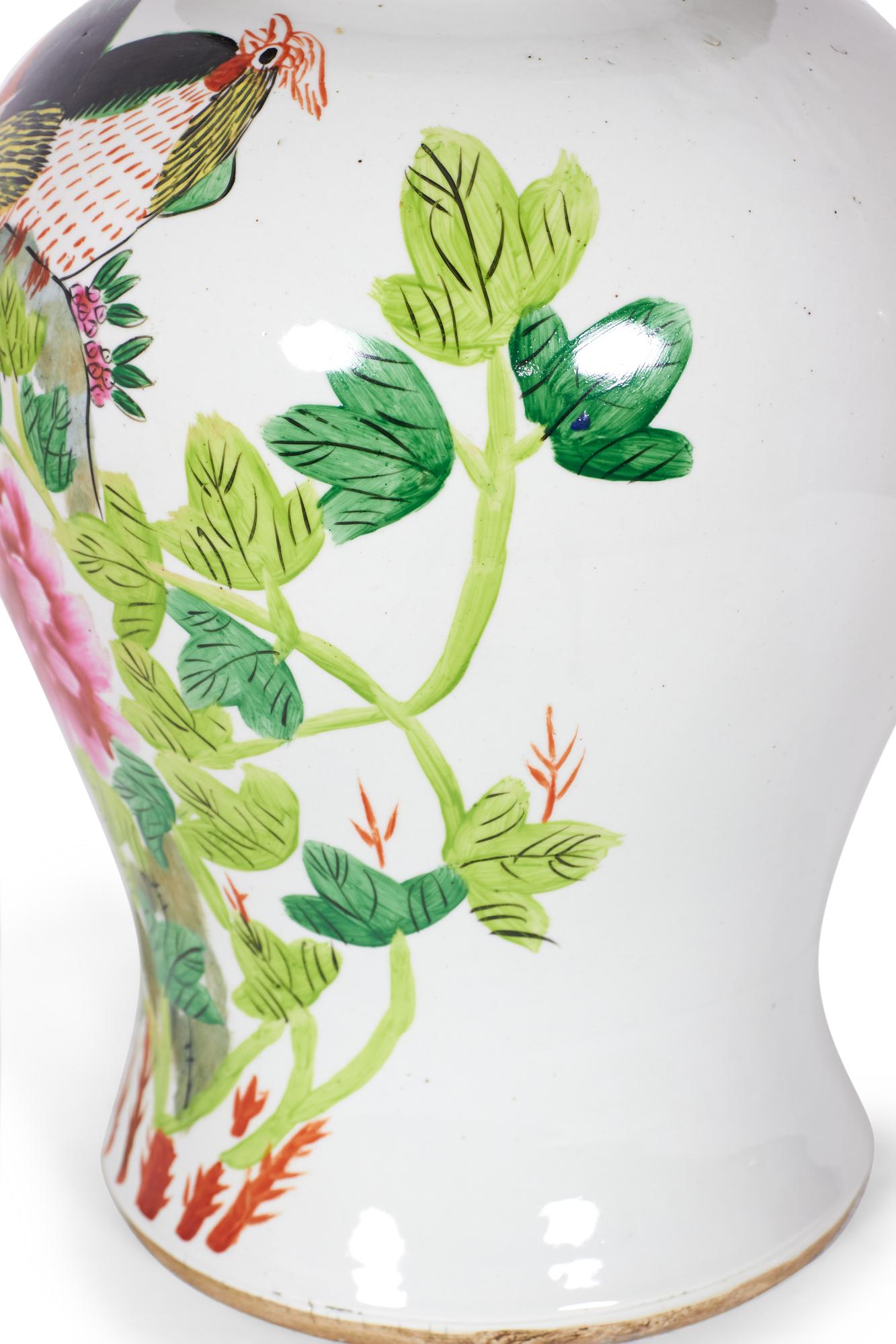 Pair of Antique Chinese Floral and Bird Patterned Porcelain Lidded Ginger Jars For Sale 2