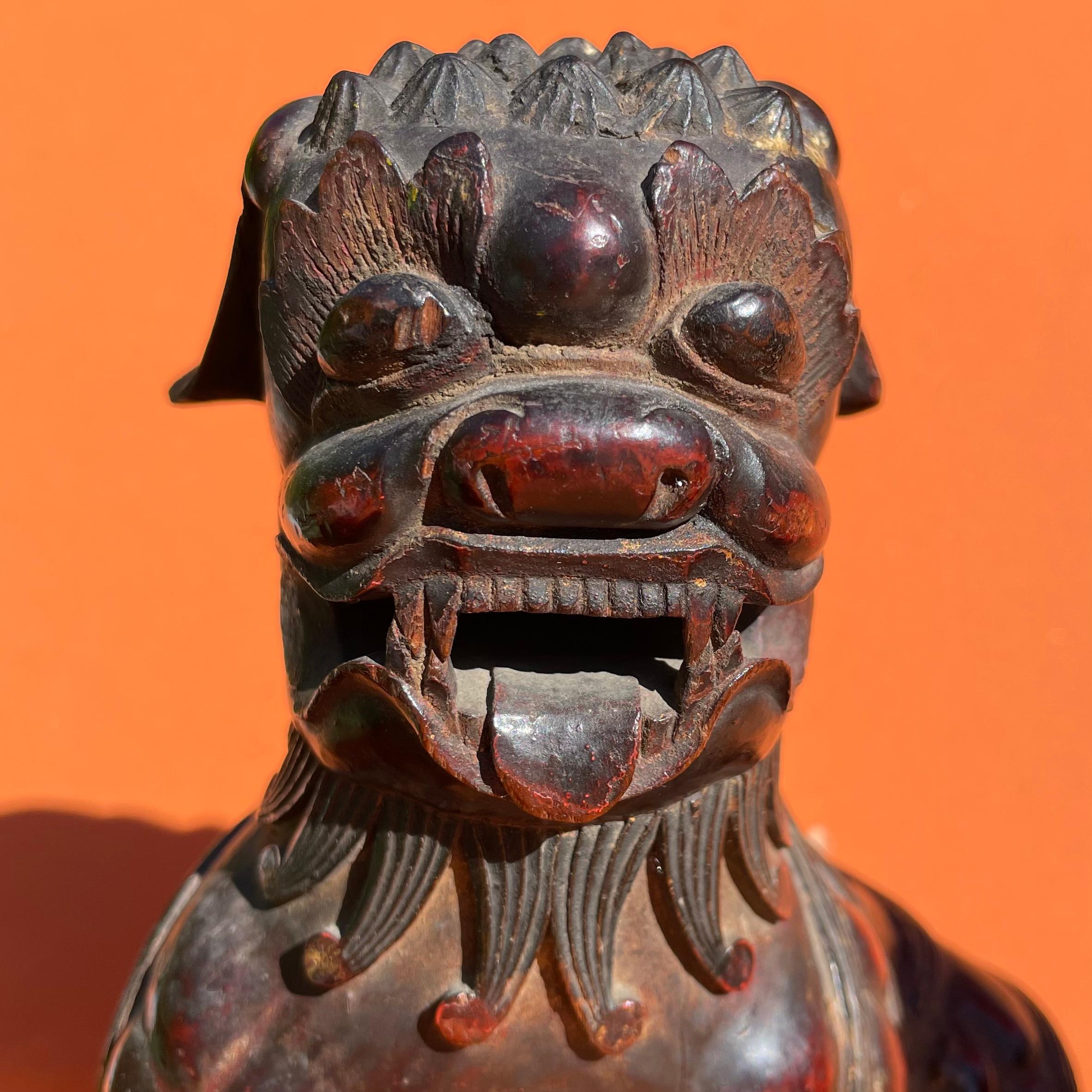 Hardwood Pair of Antique Chinese Fu Dogs For Sale