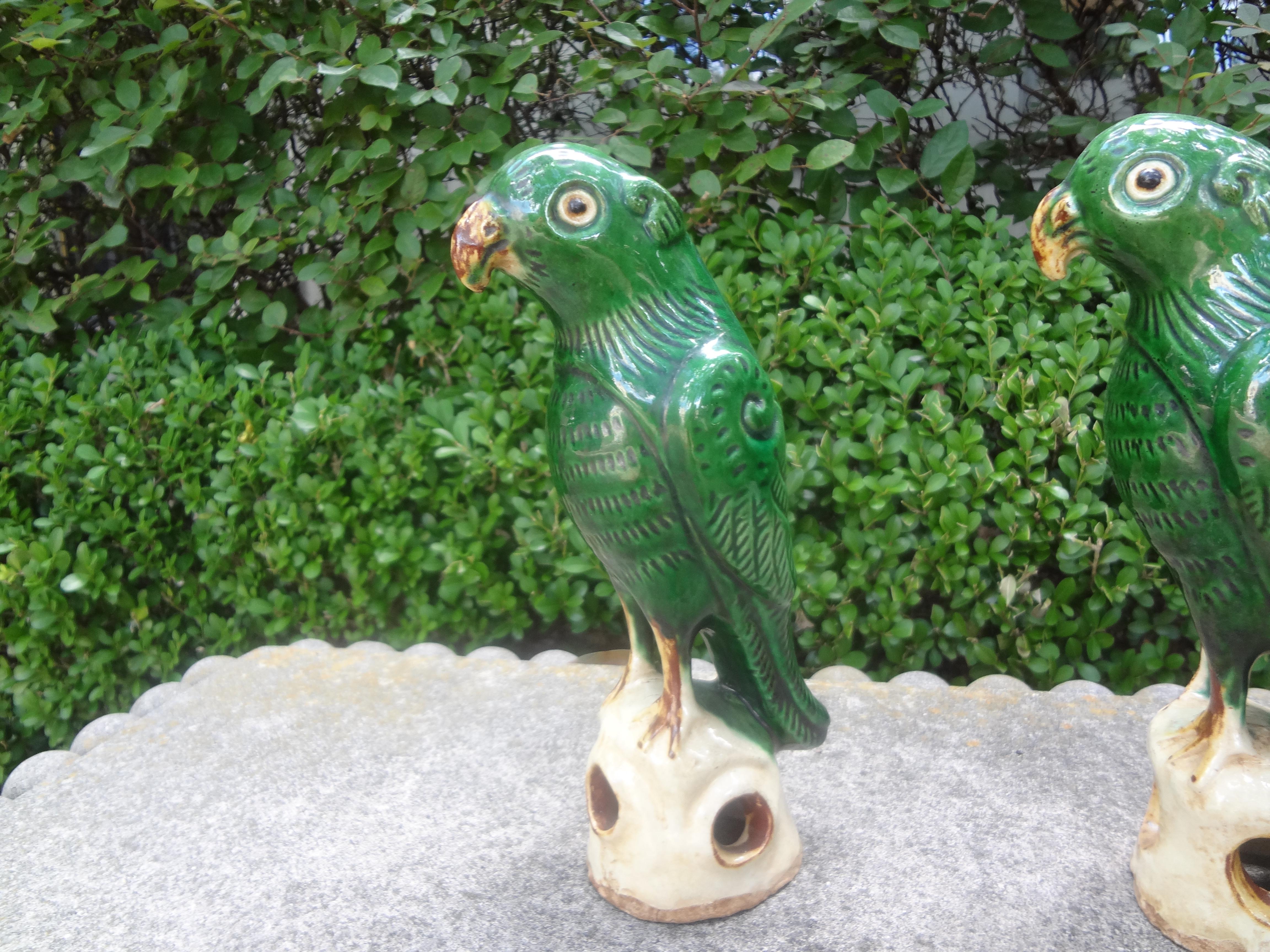 Pottery Pair of Antique Chinese Glazed Birds or Parrots