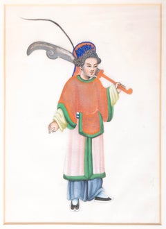 Pair of Antique Chinese Gouache Pith Paper Paintings Theatrical Figures, C.1850