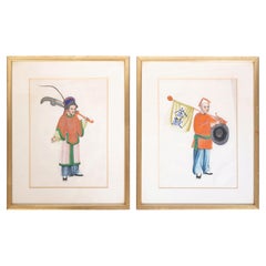 Pair of Antique Chinese Gouache Pith Paper Paintings Theatrical Figures, C.1850
