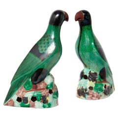 Pair of Antique Chinese Green Glaze Porcelain Parrot Statues
