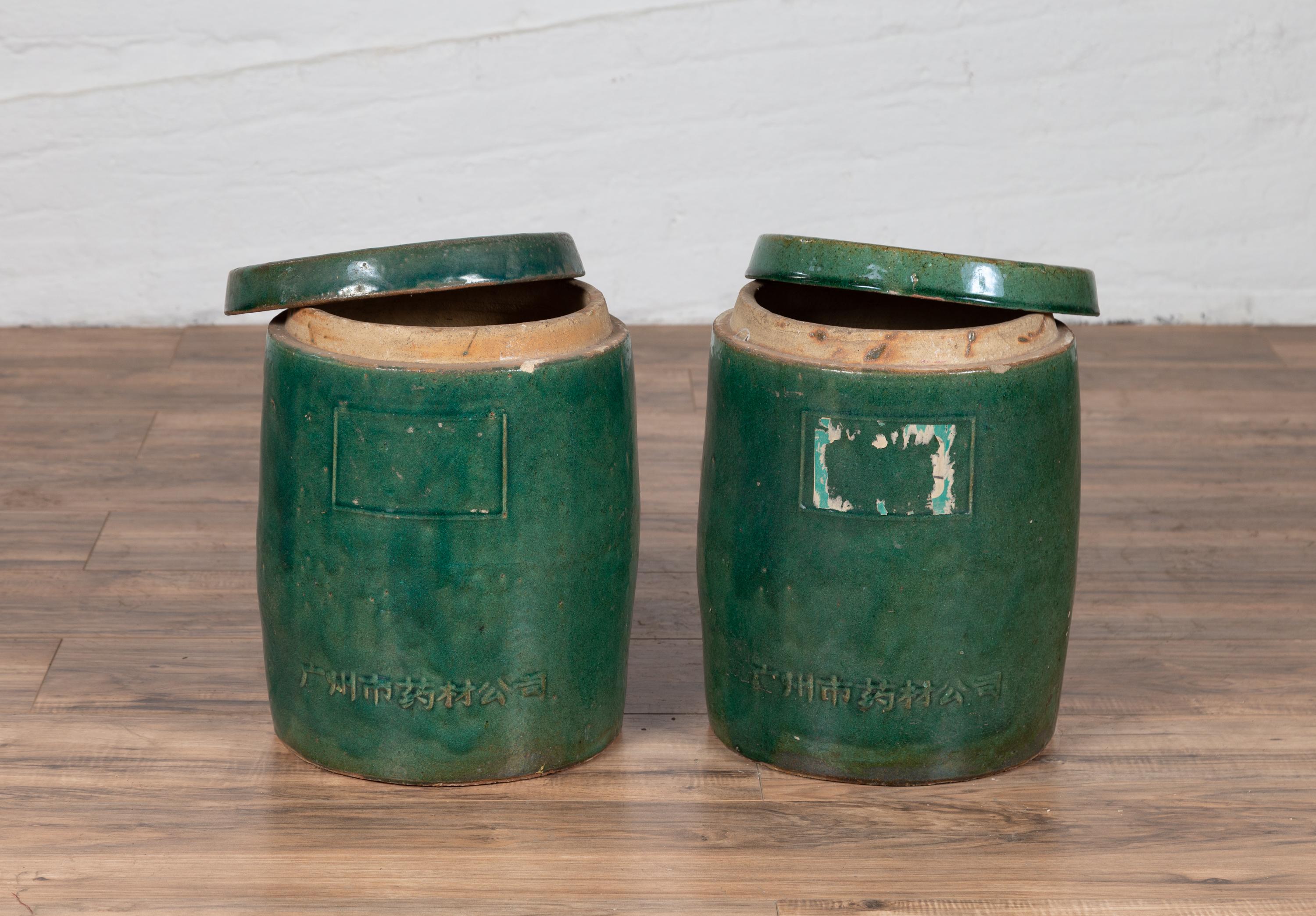 Pair of Antique Chinese Green Glazed Ceramic Lidded Jars from the Hunan Province 7