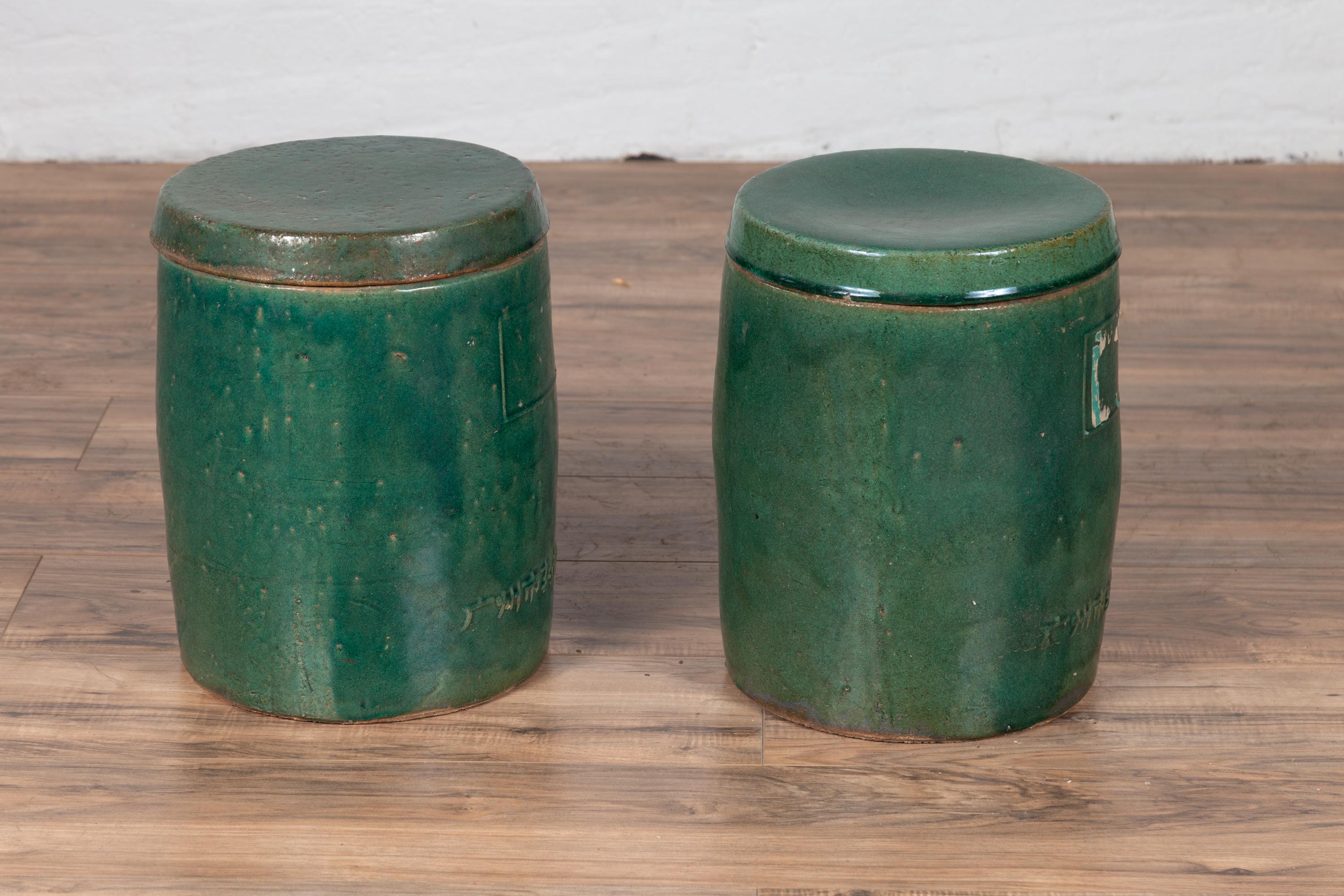 Pair of Antique Chinese Green Glazed Ceramic Lidded Jars from the Hunan Province 4