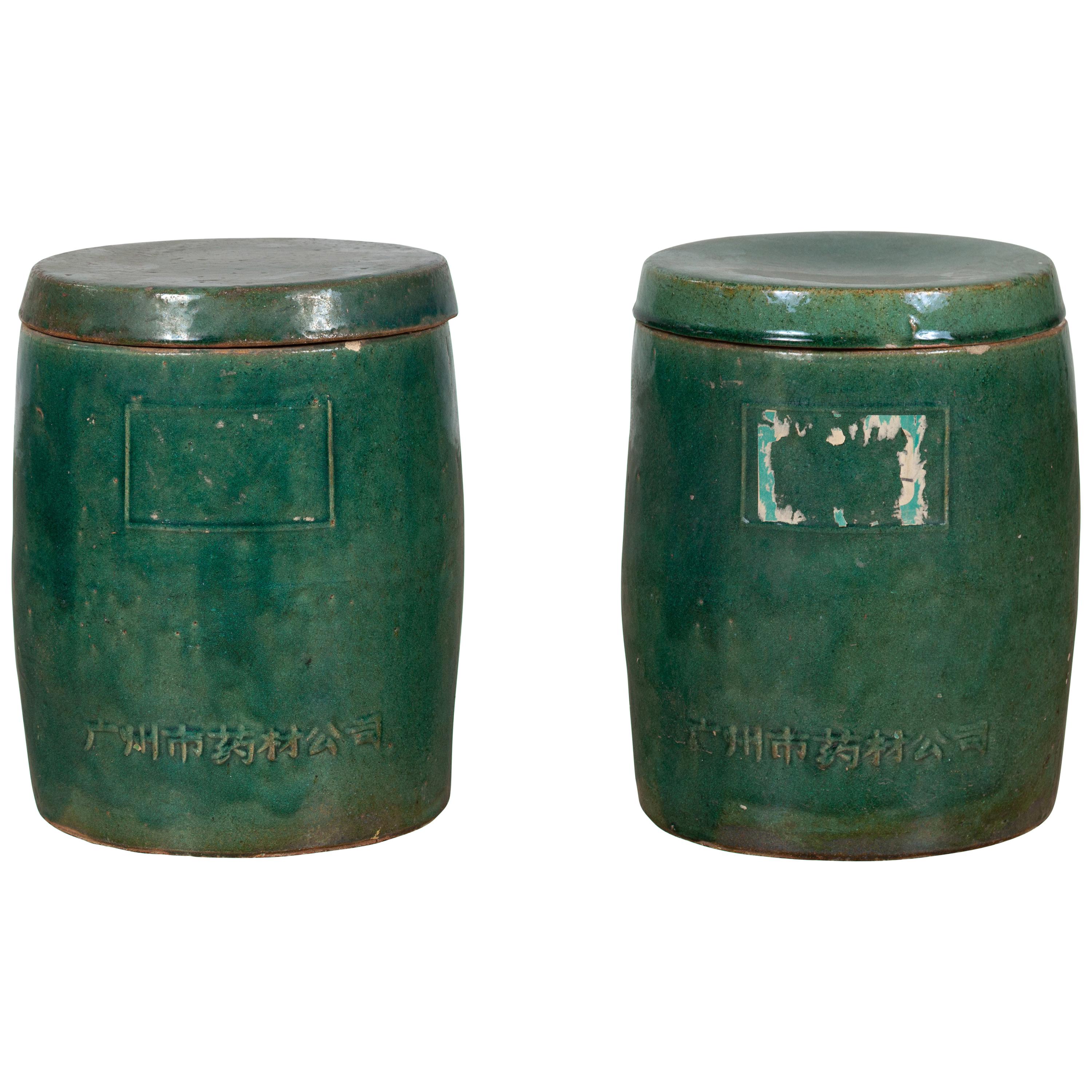 Pair of Antique Chinese Green Glazed Ceramic Lidded Jars from the Hunan Province