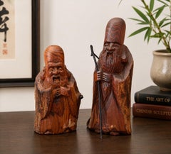 Pair of Antique Chinese Hand-Carved Wood Immortal Figures, Shou Lao, circa 1930