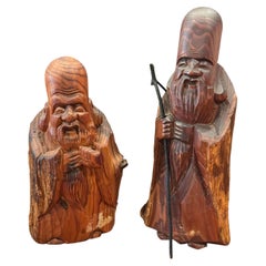 Pair of Antique Chinese Hand-Carved Wood Immortal Figures, Shou Lao, circa 1930