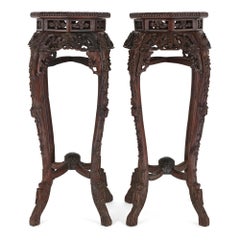 Pair of Antique Chinese Hardwood and Veined Marble Stands