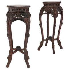 Pair of Antique Chinese Hardwood and Veined Marble Stands