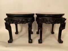 Pair of Antique Chinese Hardwood Flower Stands Rouge Marble Top Insert