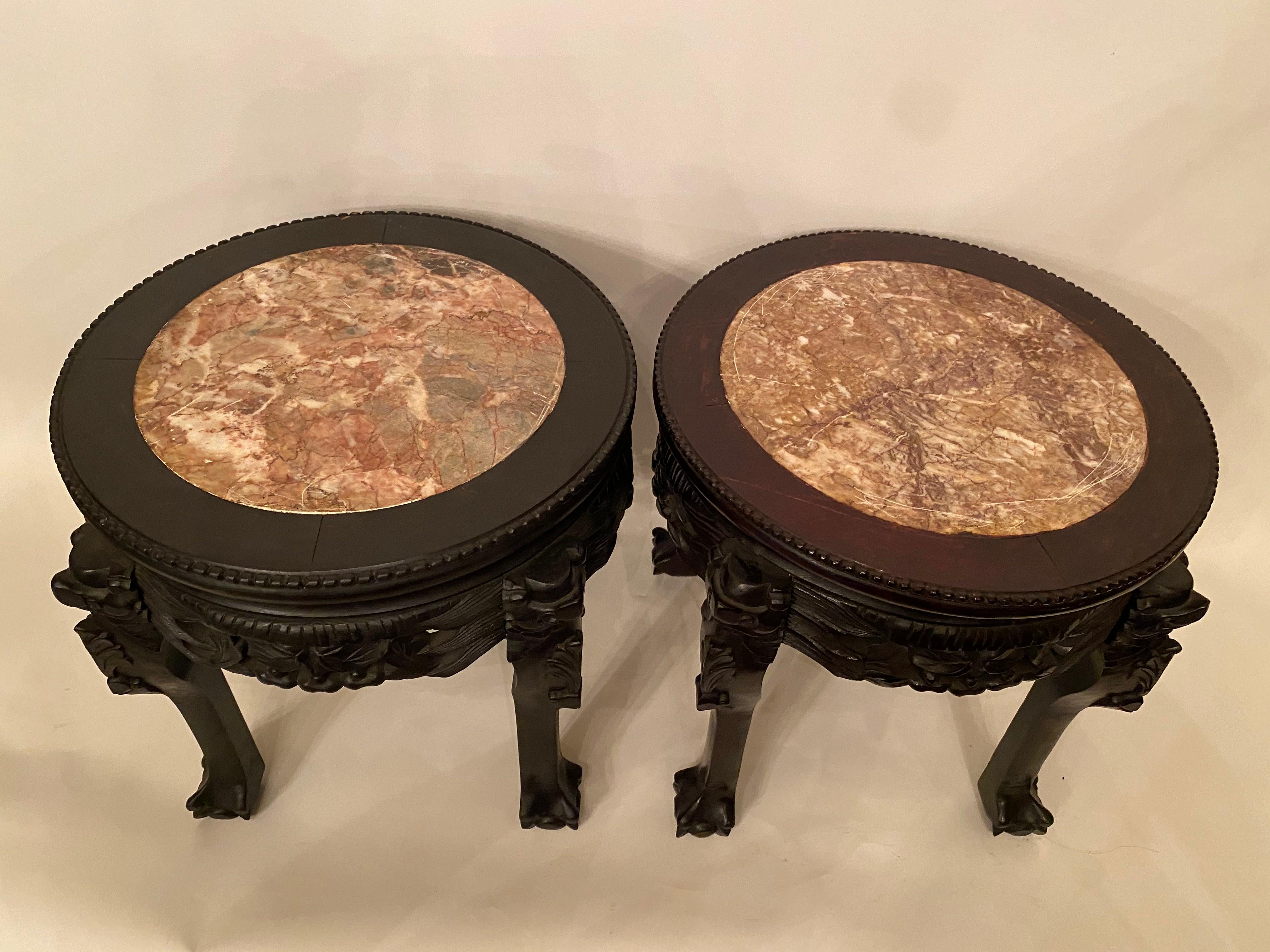 Chinese Export Pair of Antique Chinese Hardwood Flower Stands Rouge Marble Top Insert For Sale