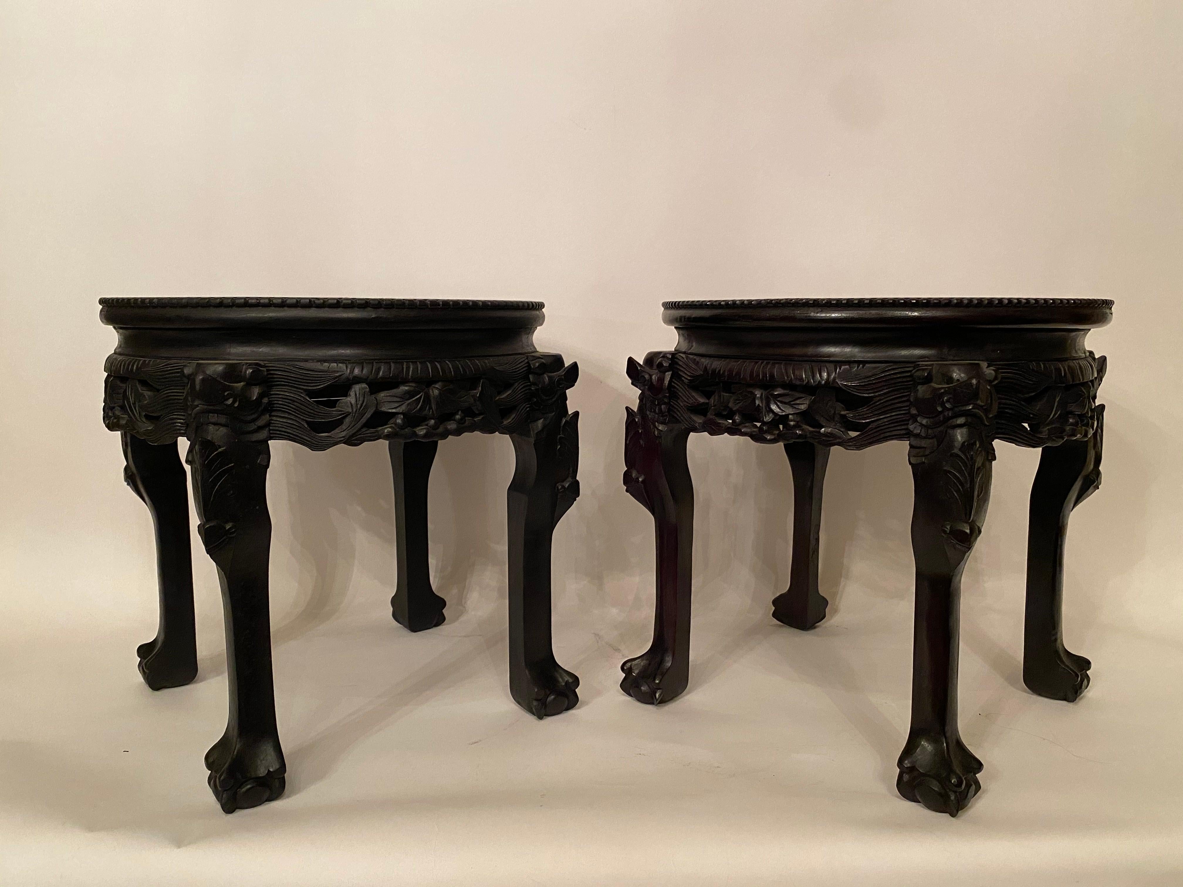 Pair of Antique Chinese Hardwood Flower Stands Rouge Marble Top Insert In Good Condition For Sale In Brea, CA
