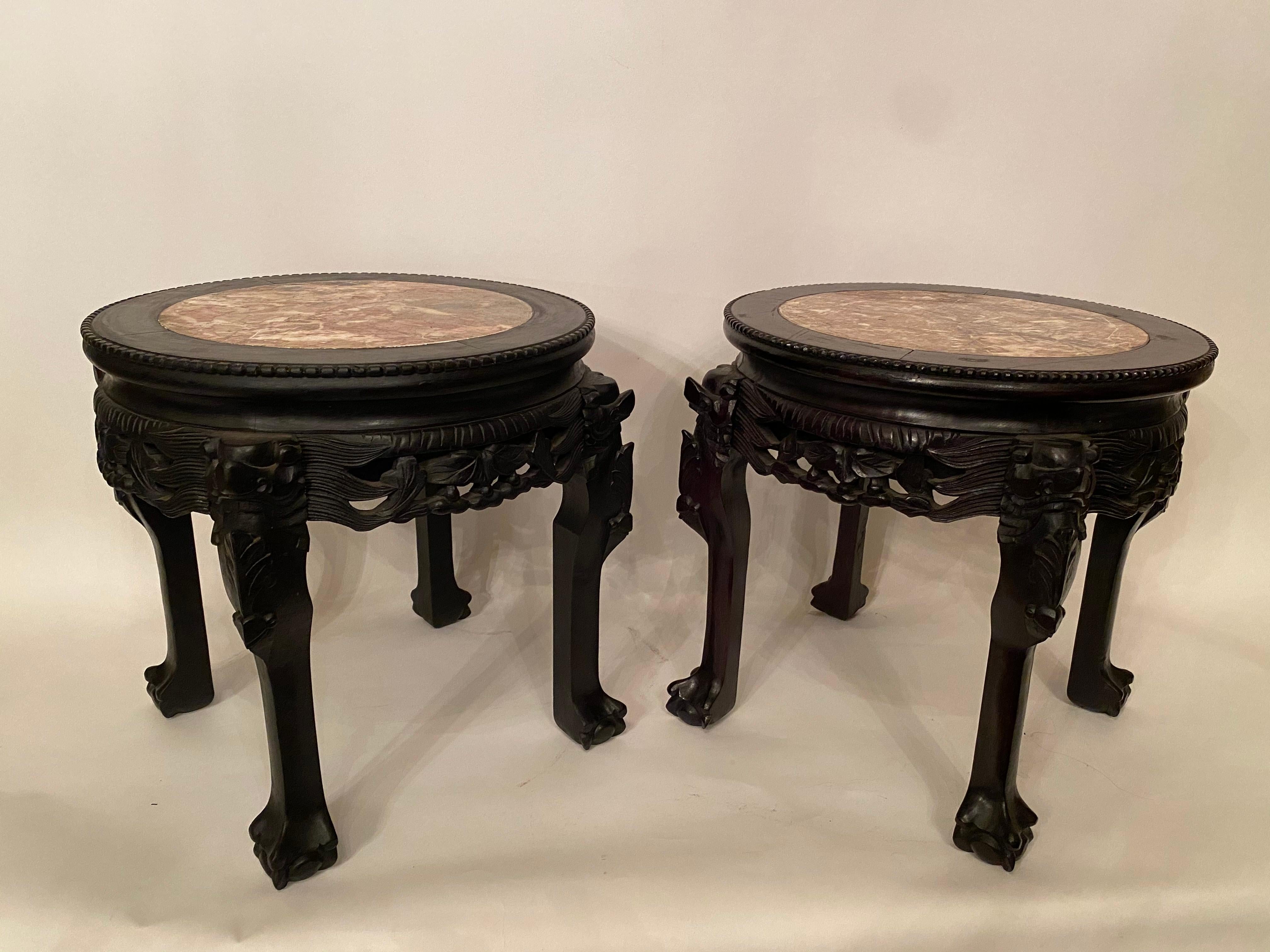 Pair of Antique Chinese Hardwood Flower Stands Rouge Marble Top Insert For Sale 1