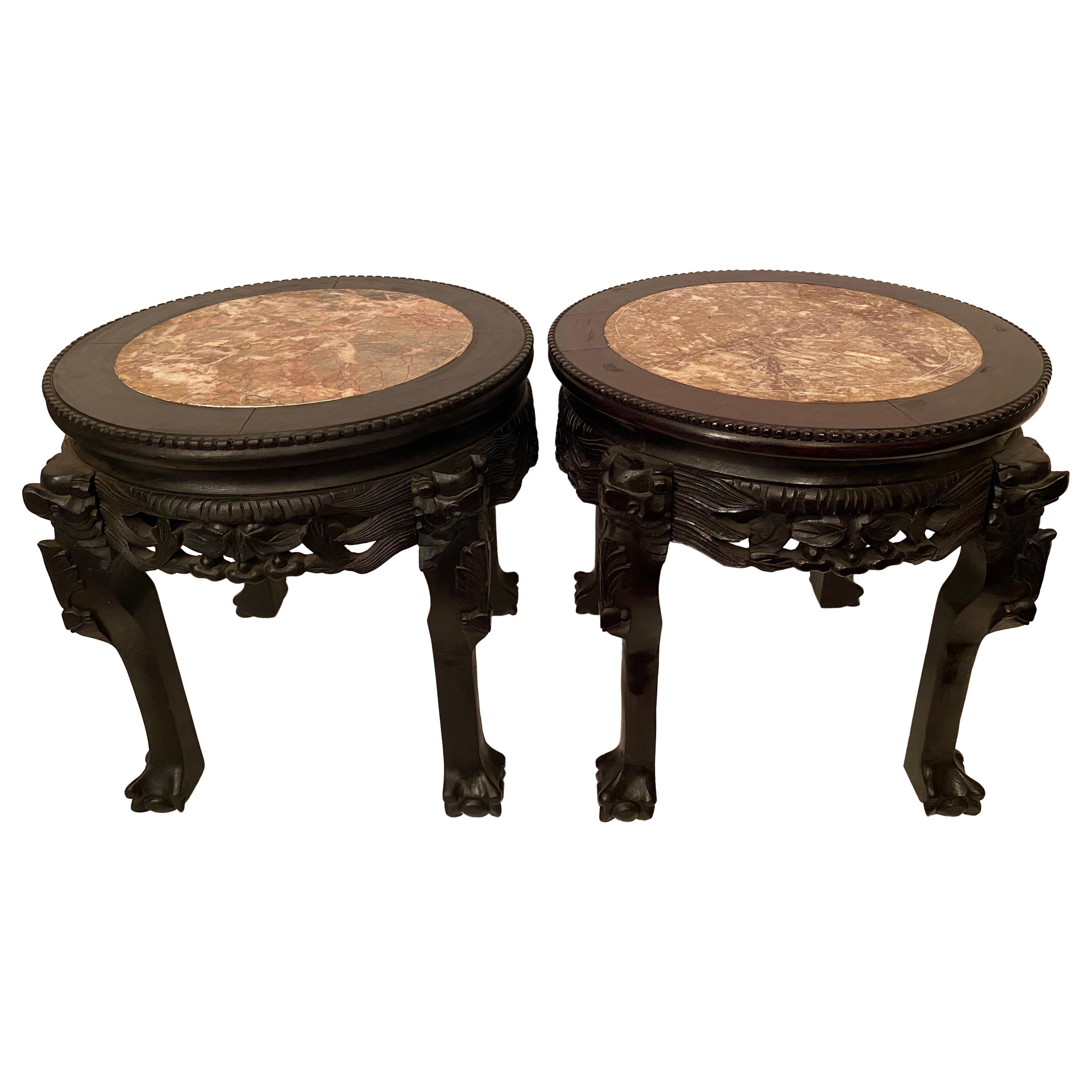 Pair of Antique Chinese Hardwood Flower Stands Rouge Marble Top Insert For Sale