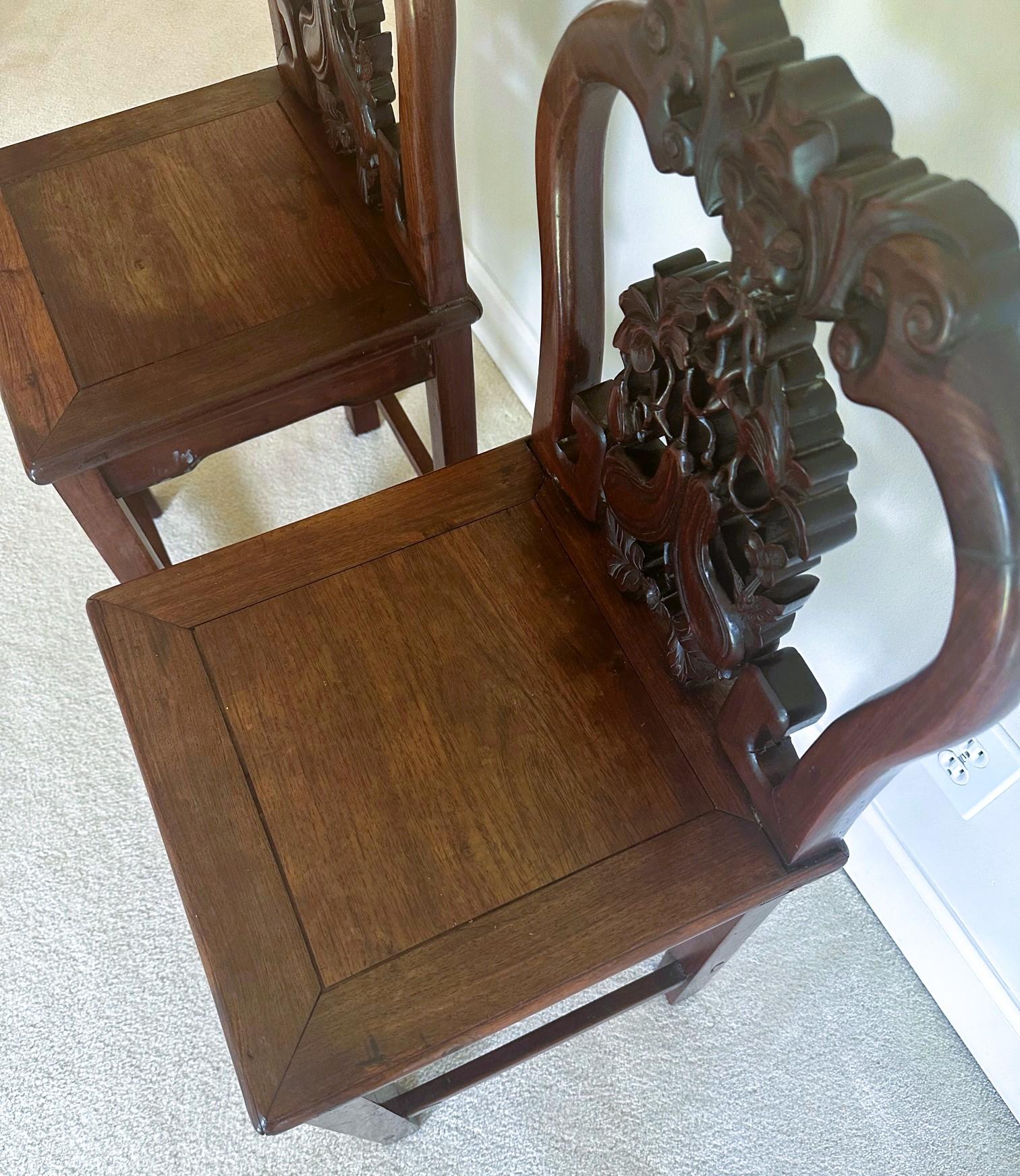 Pair of Antique Chinese Hardwood Side Chairs Qing Dynasty In Fair Condition For Sale In Atlanta, GA