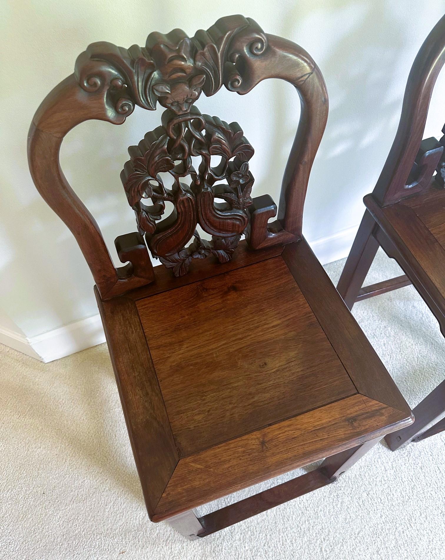 19th Century Pair of Antique Chinese Hardwood Side Chairs Qing Dynasty For Sale
