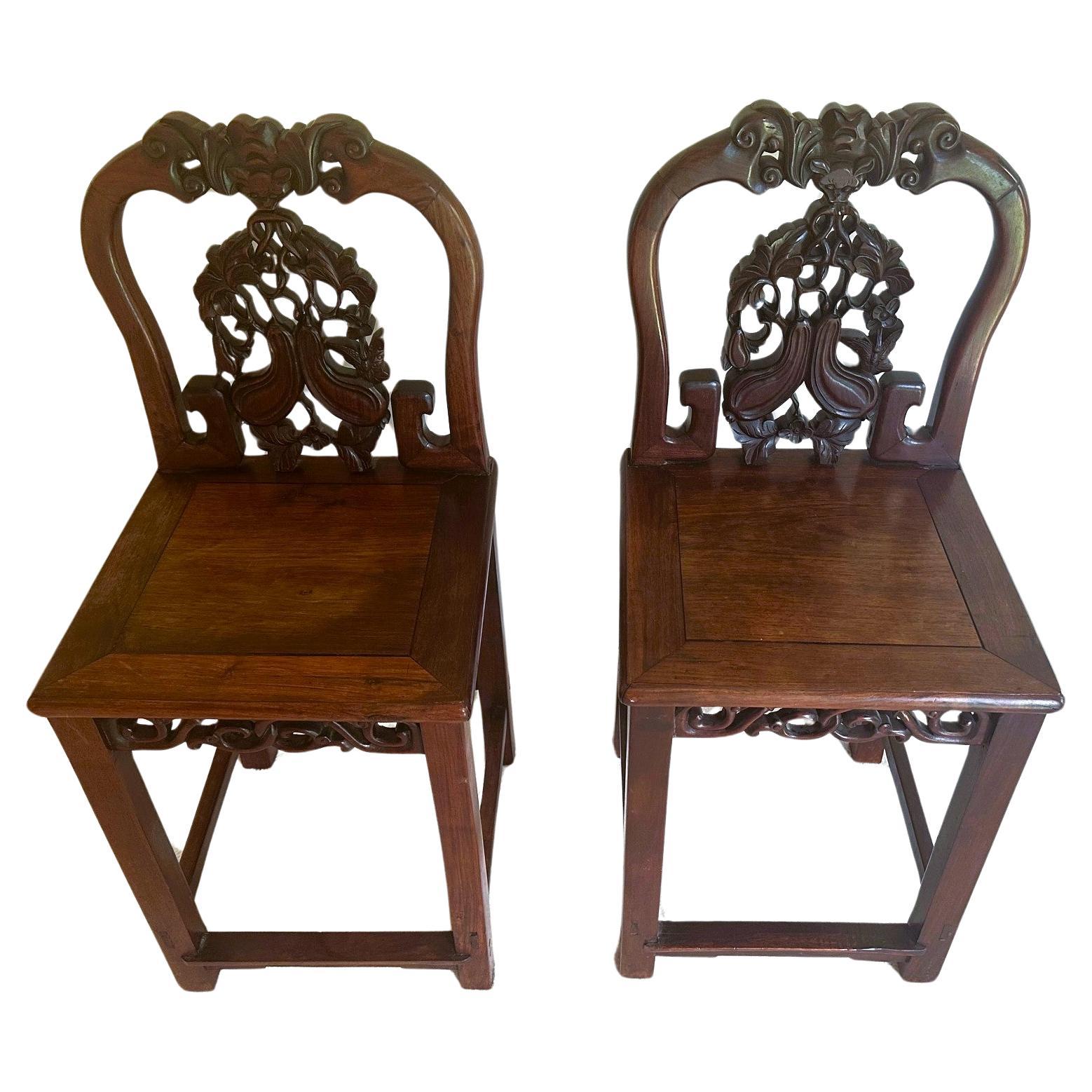 Pair of Antique Chinese Hardwood Side Chairs Qing Dynasty For Sale