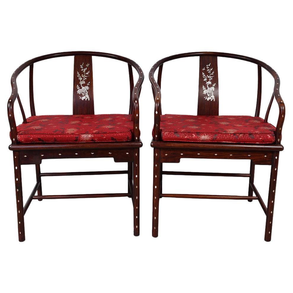Pair of Antique Chinese Horseshoe Back Armchairs with Mother of Pearl Inlay
