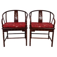 Pair of Antique Chinese Horseshoe Back Armchairs with Mother of Pearl Inlay