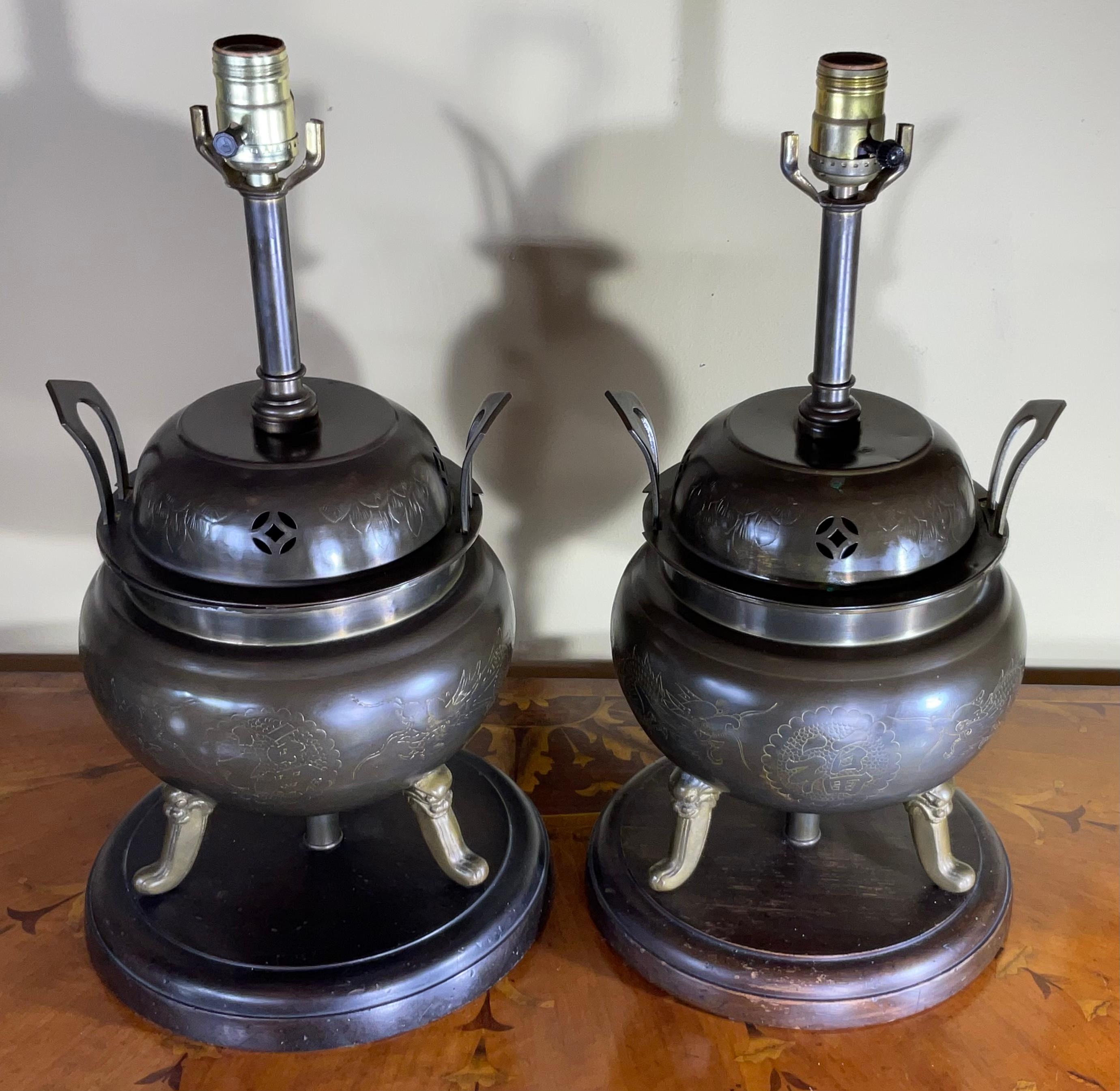 Pair Of Antique Chinese Incence Burner Table Lamp For Sale 4