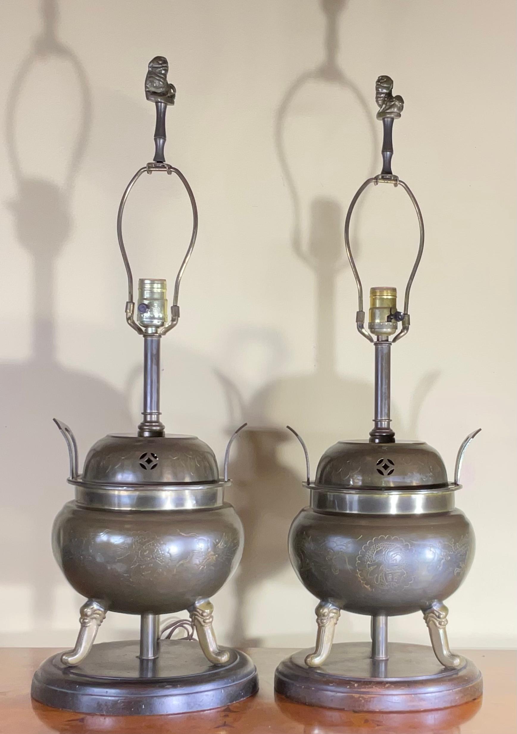 Pair Of Antique Chinese Incence Burner Table Lamp For Sale 5