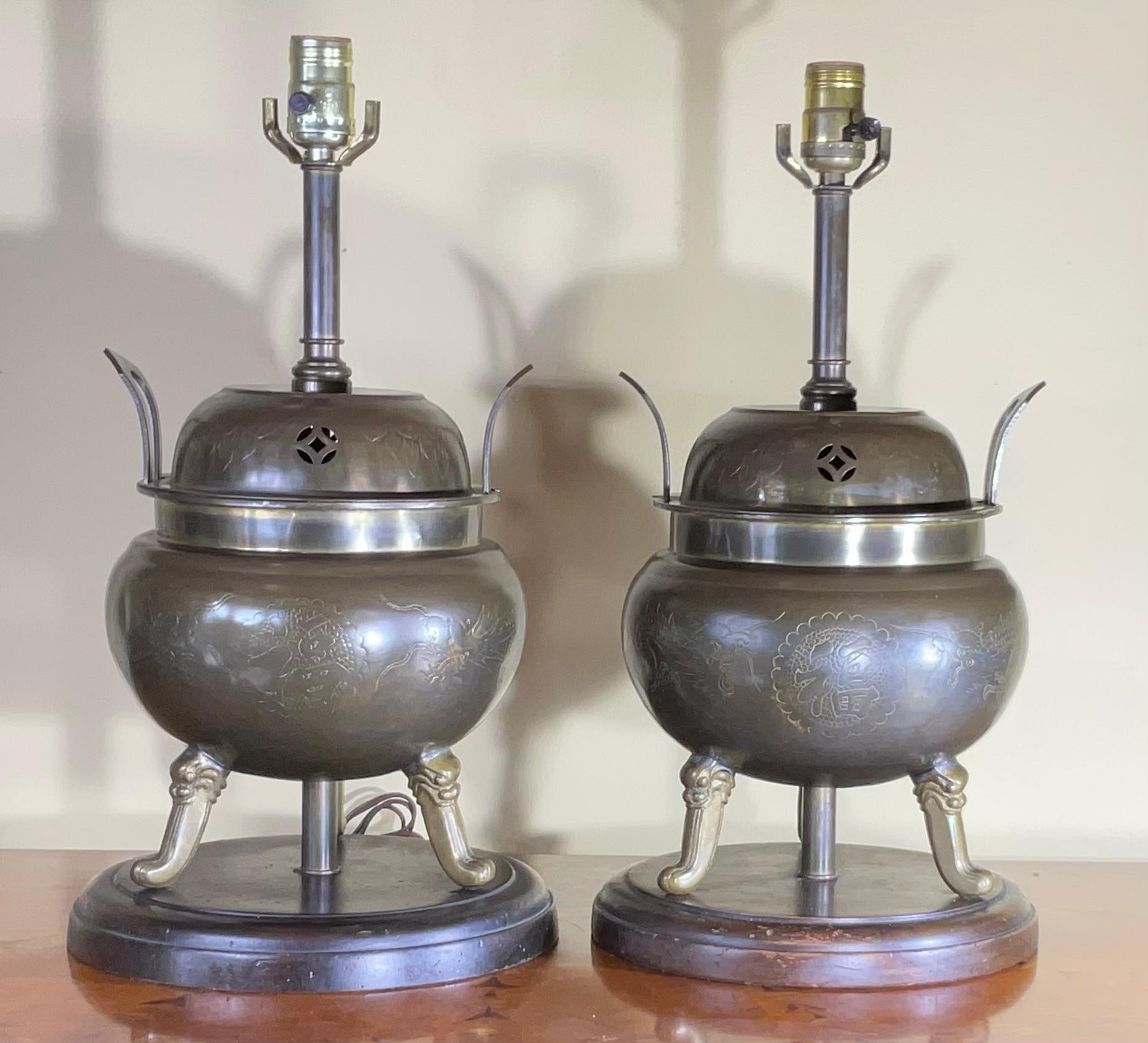 Pair Of Antique Chinese Incence Burner Table Lamp For Sale 6