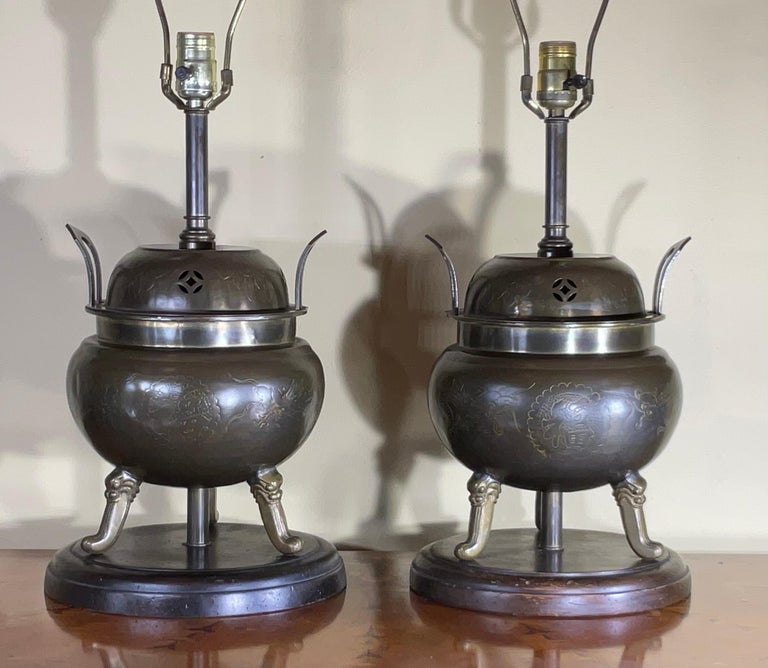 Pair Of Antique Chinese Incence Burner Table Lamp For Sale at 1stDibs