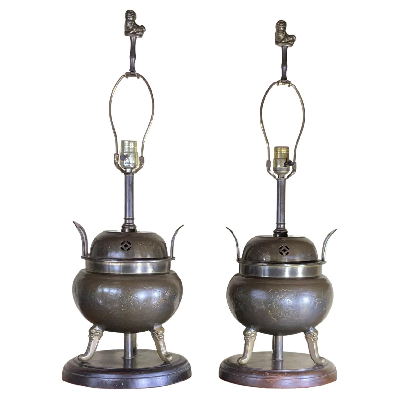 Pair Of Antique Chinese Incence Burner Table Lamp For Sale