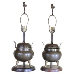 Pair Of Antique Chinese Incence Burner Table Lamp