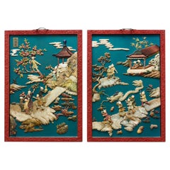Pair of Antique Chinese Jade and Hardstone Inlaid Plaques of Boys
