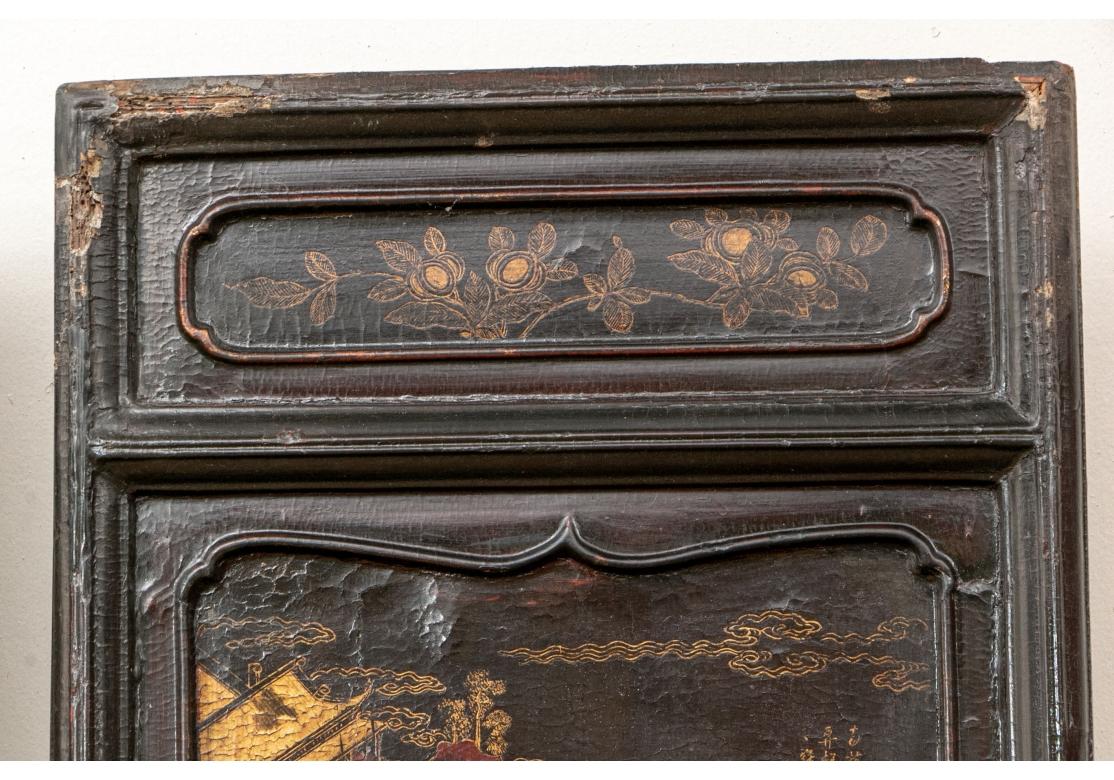 Hand-Carved Pair of Antique Chinese Lacquered and Gilt Decorated Wood Door Panels For Sale