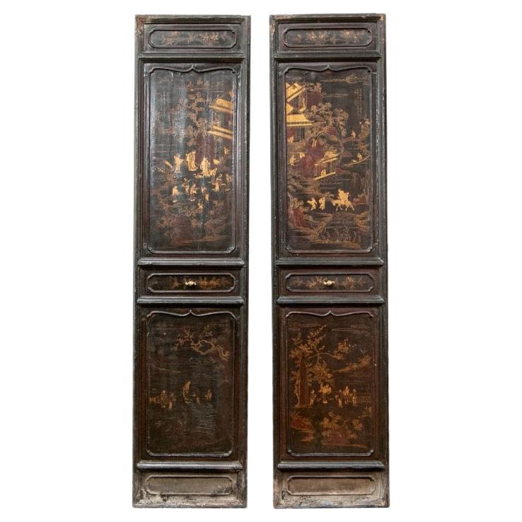 Pair of Antique Chinese Lacquered and Gilt Decorated Wood Door Panels For Sale