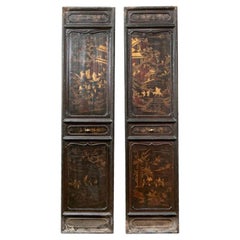 Pair of Antique Chinese Lacquered and Gilt Decorated Wood Door Panels