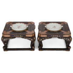 Pair of Antique Chinese Lacquered Low Tables with Porcelain Warming Plates