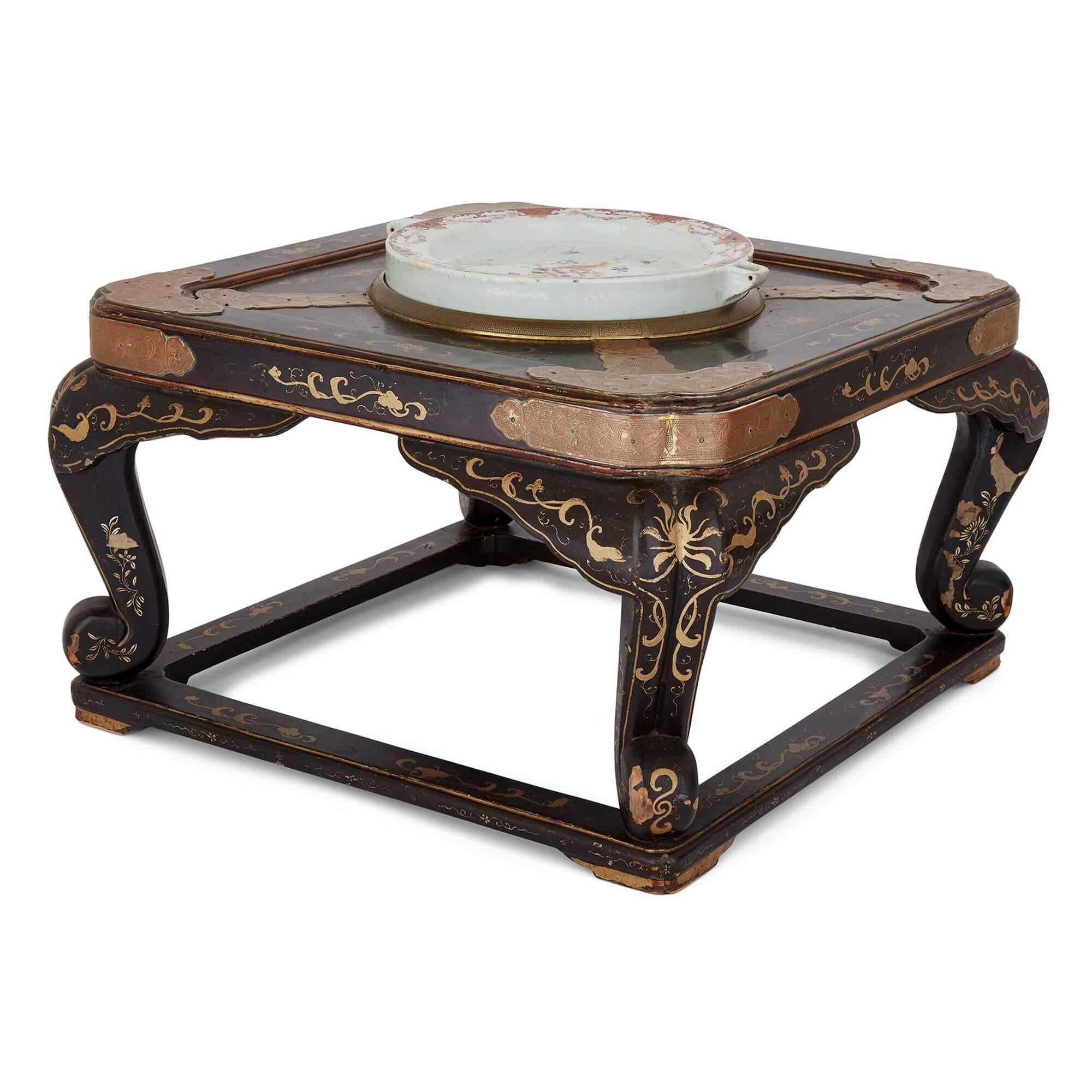 Gilt Pair of Antique Chinese Lacquered Low Tables with Porcelain Warming Plates For Sale