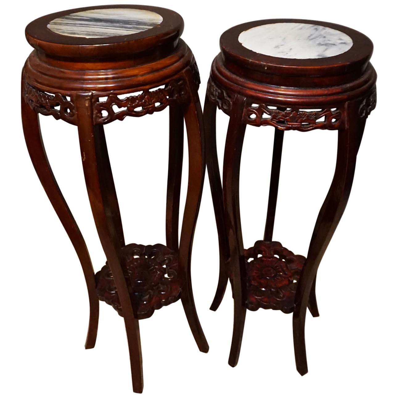 Pair of Antique Chinese Mahogany and Marble Carved Plant Stands