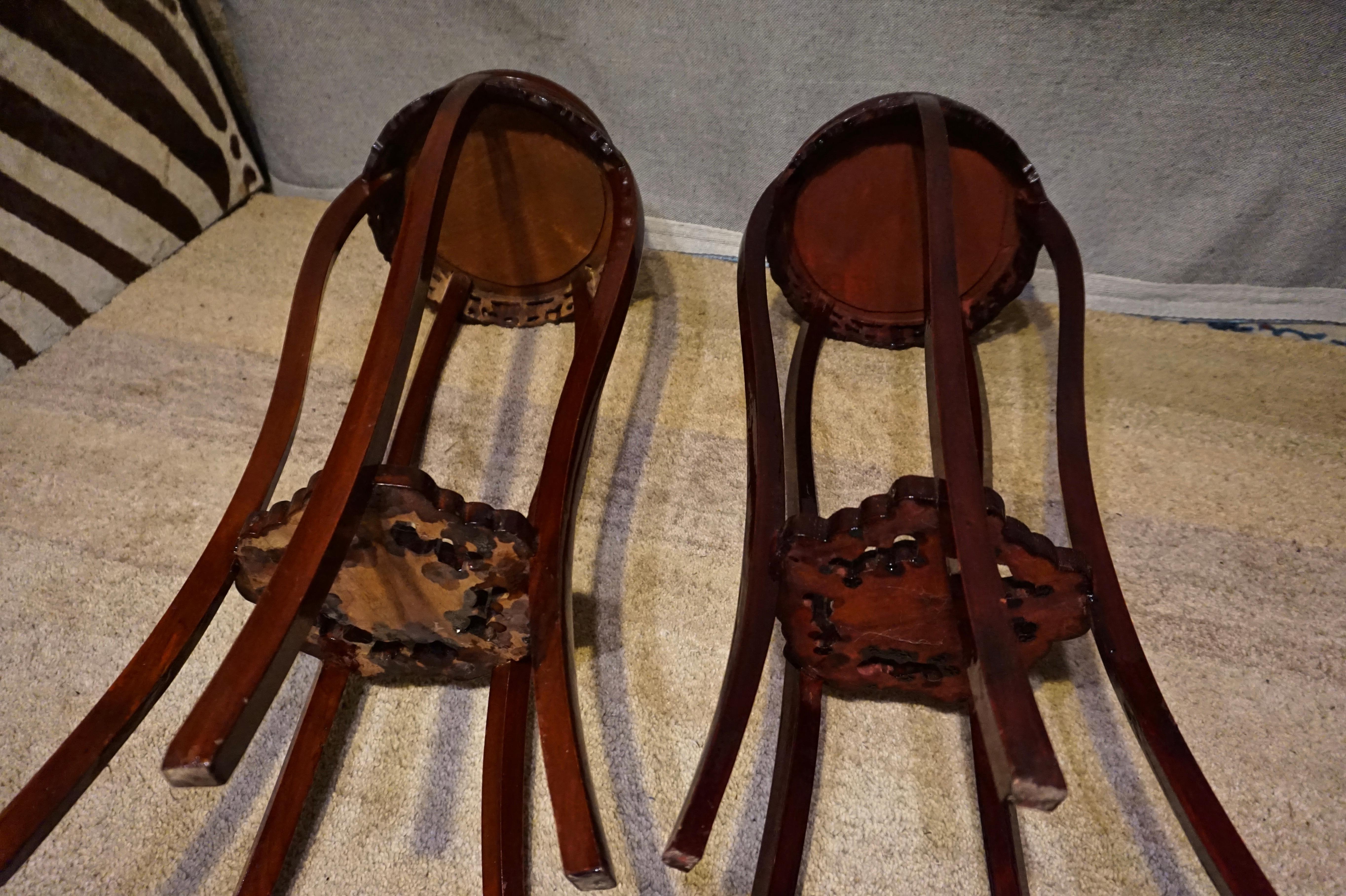 Pair of Antique Chinese Mahogany and Marble Carved Plant Stands For Sale 2