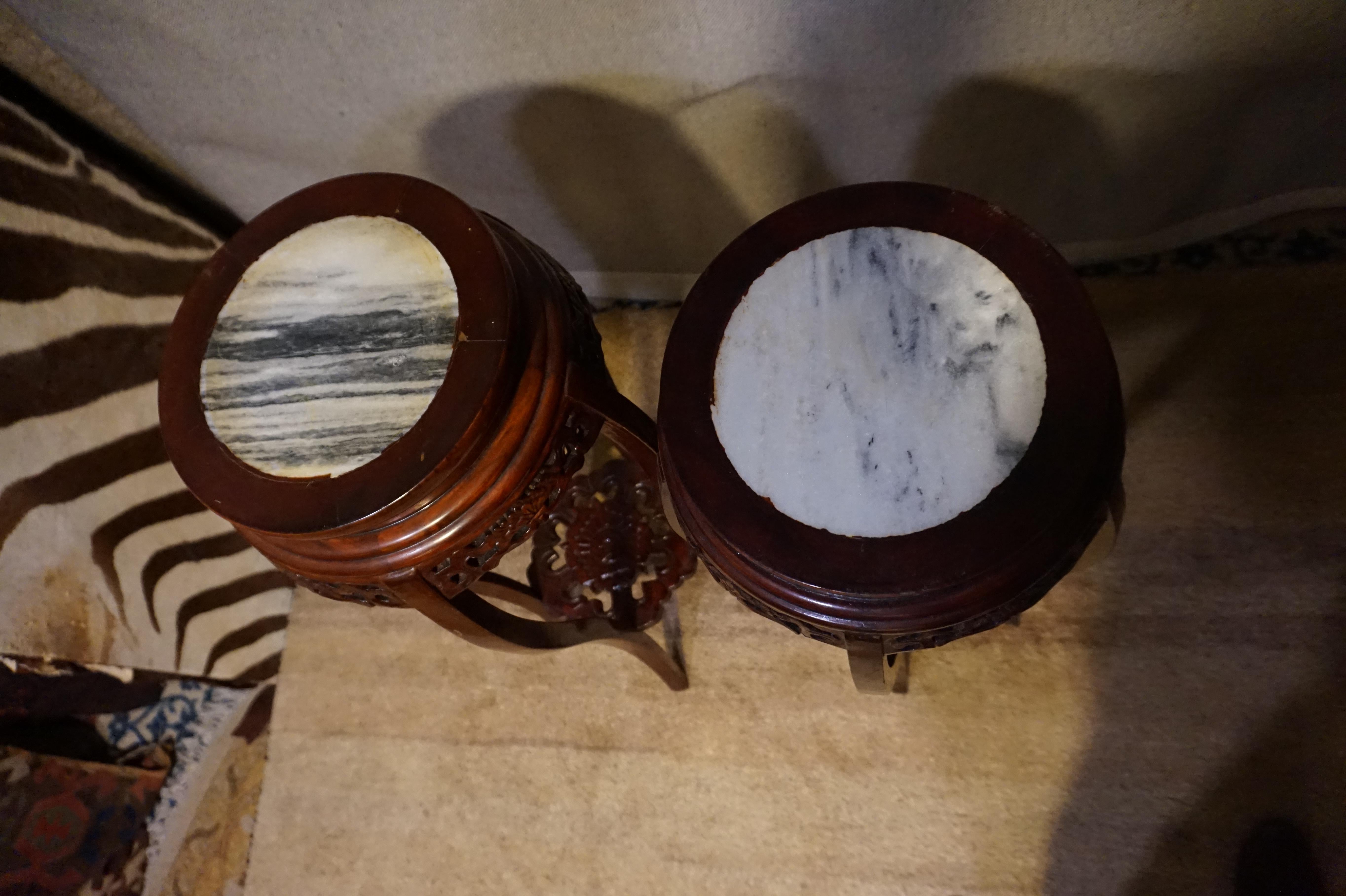 Other Pair of Antique Chinese Mahogany and Marble Carved Plant Stands For Sale