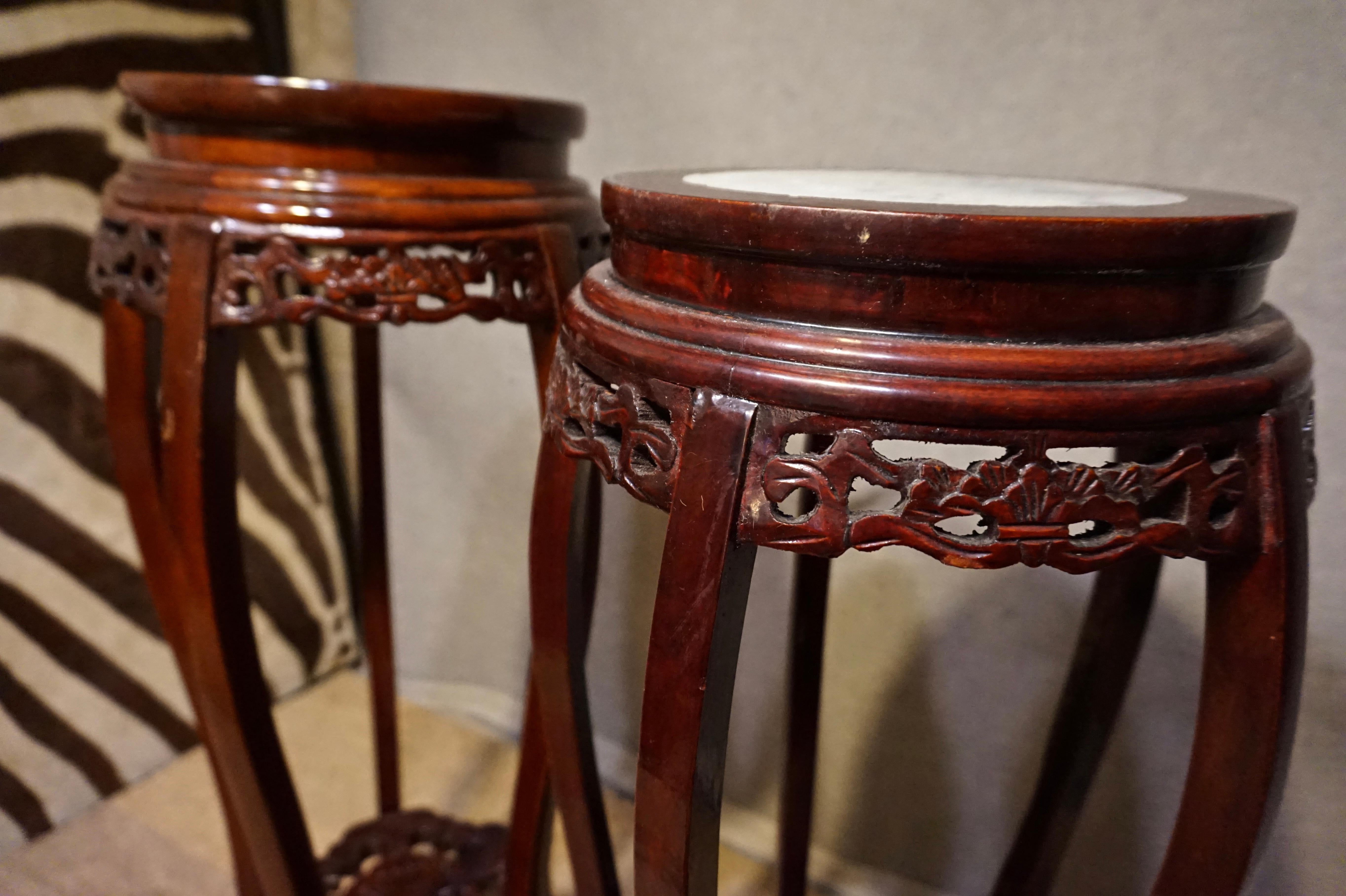 Pair of Antique Chinese Mahogany and Marble Carved Plant Stands In Good Condition For Sale In Vancouver, British Columbia
