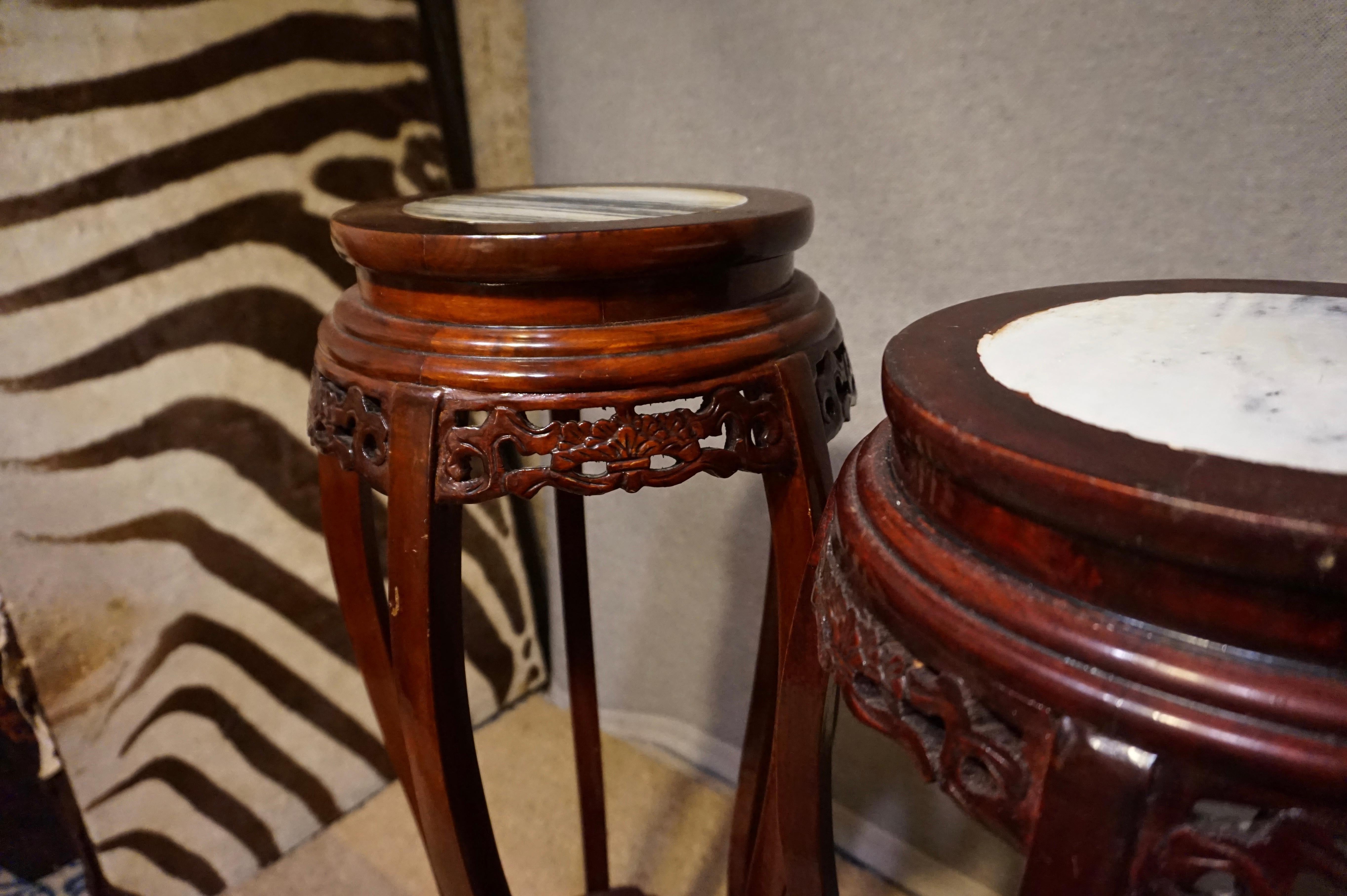 Early 20th Century Pair of Antique Chinese Mahogany and Marble Carved Plant Stands For Sale