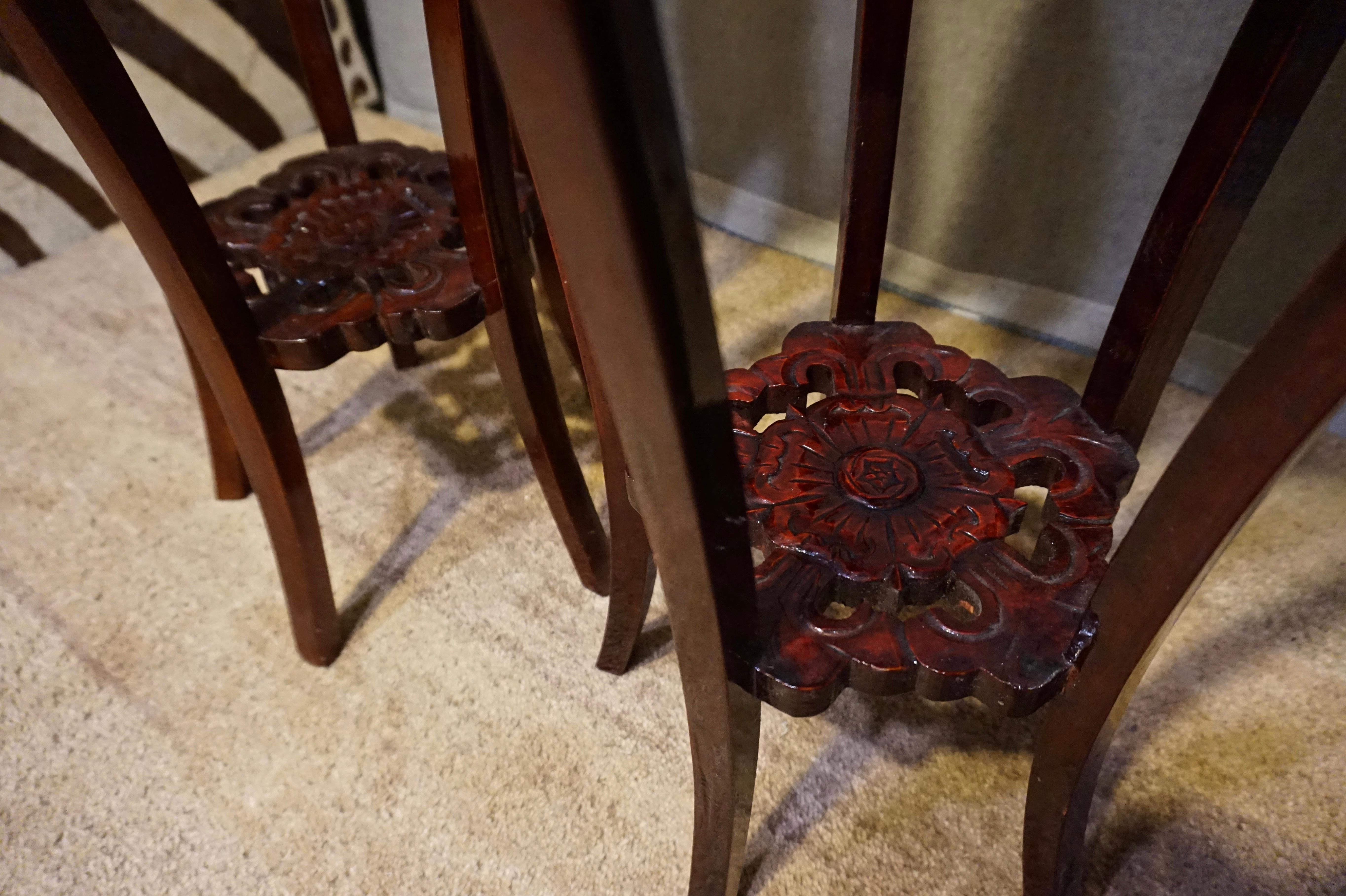 Pair of Antique Chinese Mahogany and Marble Carved Plant Stands For Sale 1