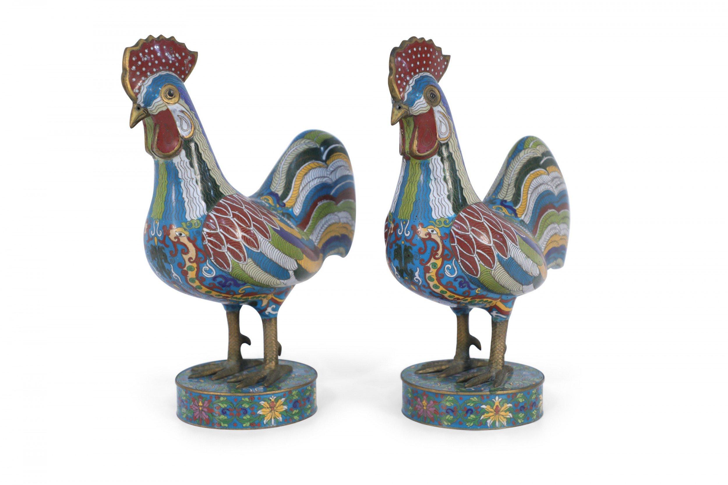 Pair of Antique Chinese Multi-Colored Cloisonne Rooster Sculptures For Sale 8